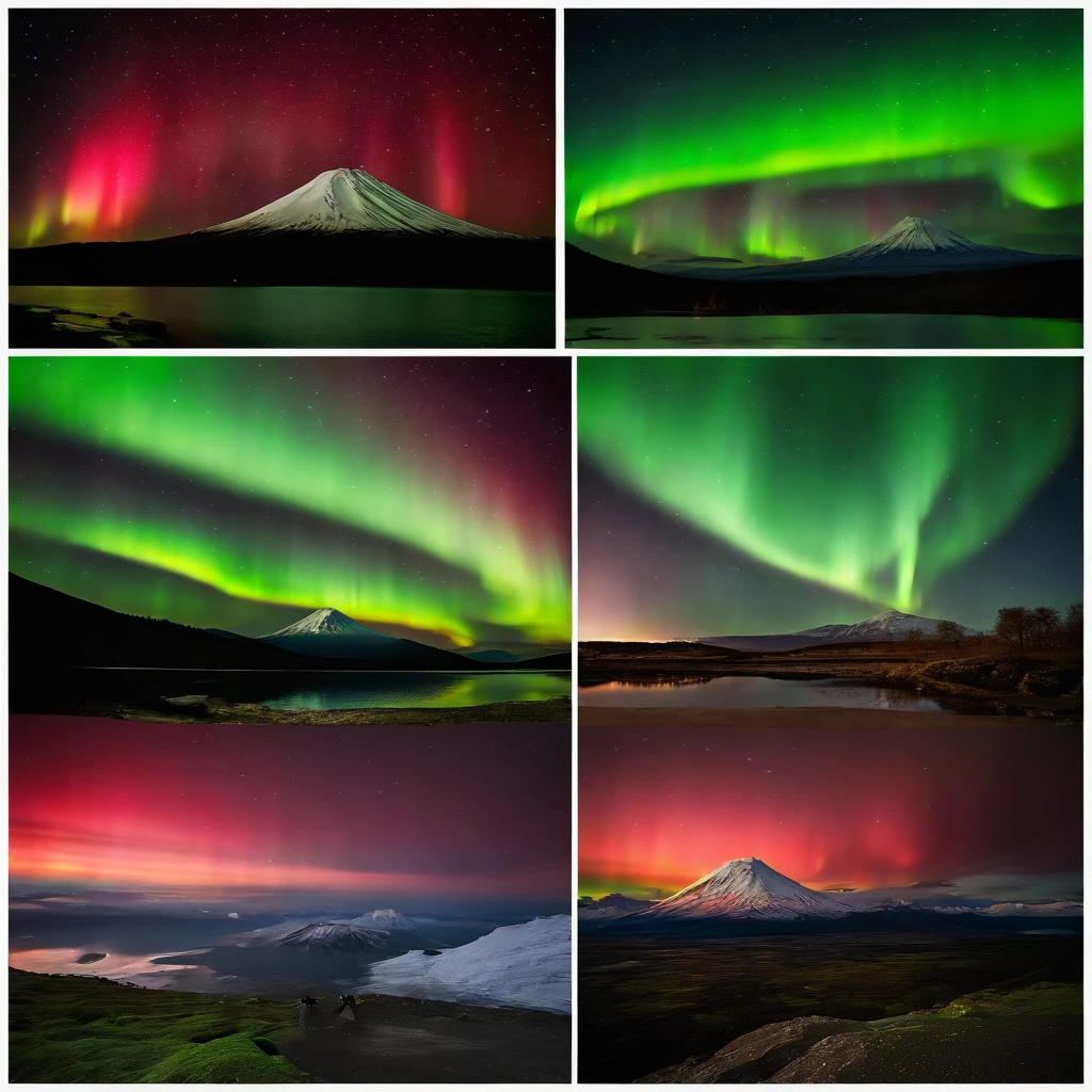 Master Parts、Superior Quality、superior image quality、The 8k quality、Beautiful pictures of the starry sky、magnifica、(Mt fuji:1.25)、Blue glowing lake:1.25、(Red and green aurora borealis:1.5)