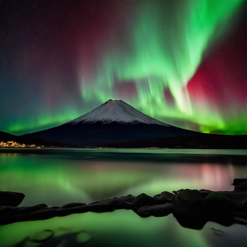 Master Parts、Superior Quality、superior image quality、The 8k quality、Beautiful pictures of the starry sky、magnifica、(Mt fuji:1.25)、Blue glowing lake:1.25、(Red and green aurora borealis:1.5)