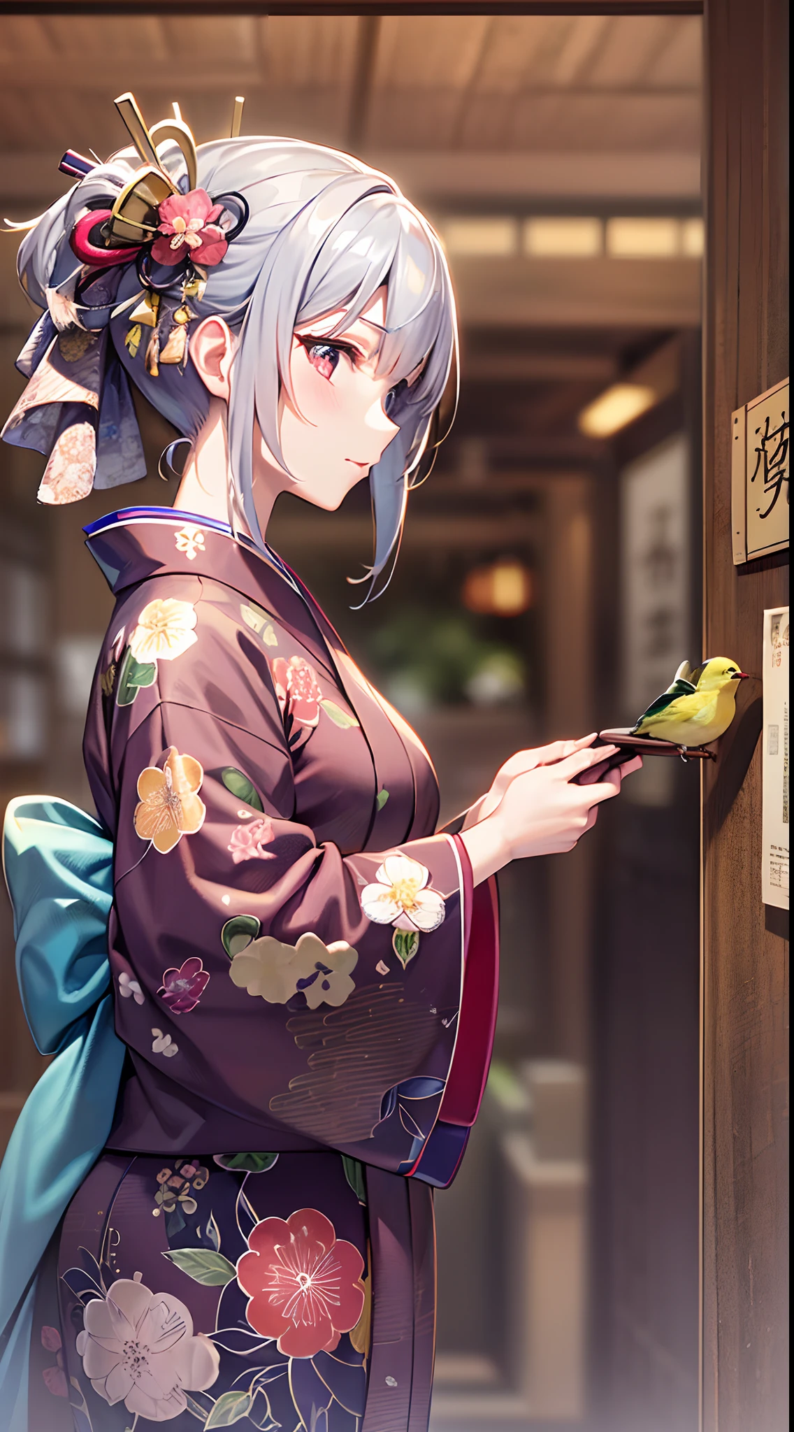 ((Finest quality)),(超A high resolution),(ultra-detailliert),(Meticulous portrayal),((Best Anime)),(Finest works of art),sharpnes,Clair, (Woman in Japan kimono), Admire the beautiful little birds