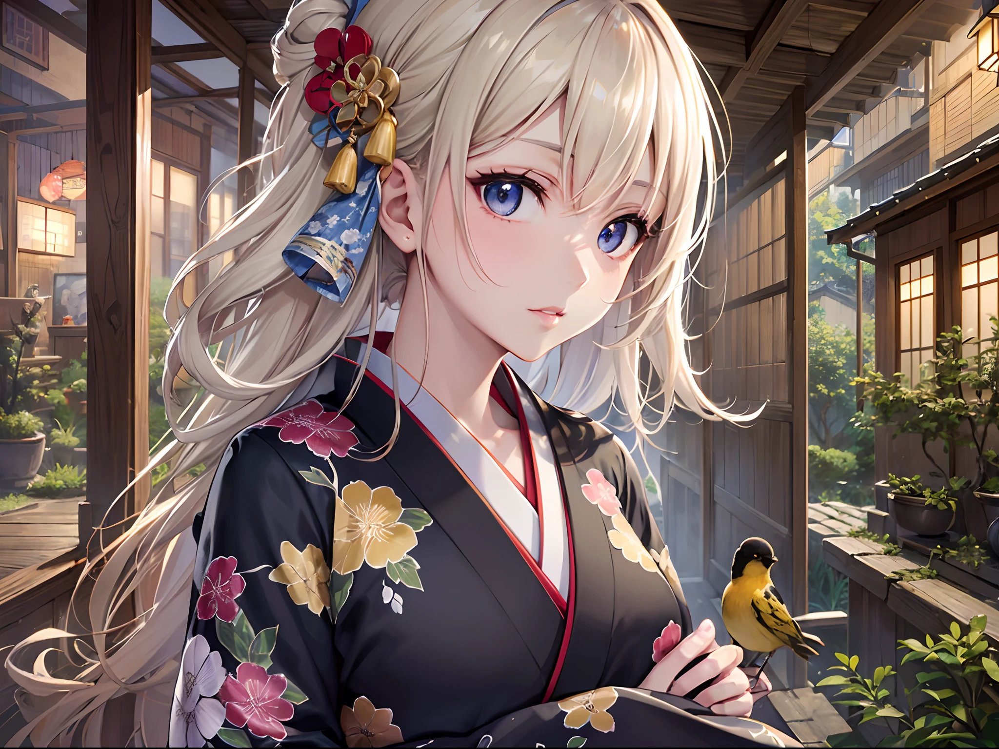 ((Finest quality)),(超A high resolution),(ultra-detailliert),(Meticulous portrayal),((Best Anime)),(Finest works of art),sharpnes,Clair, (Woman in Japan kimono), Gaze at beautiful little birds