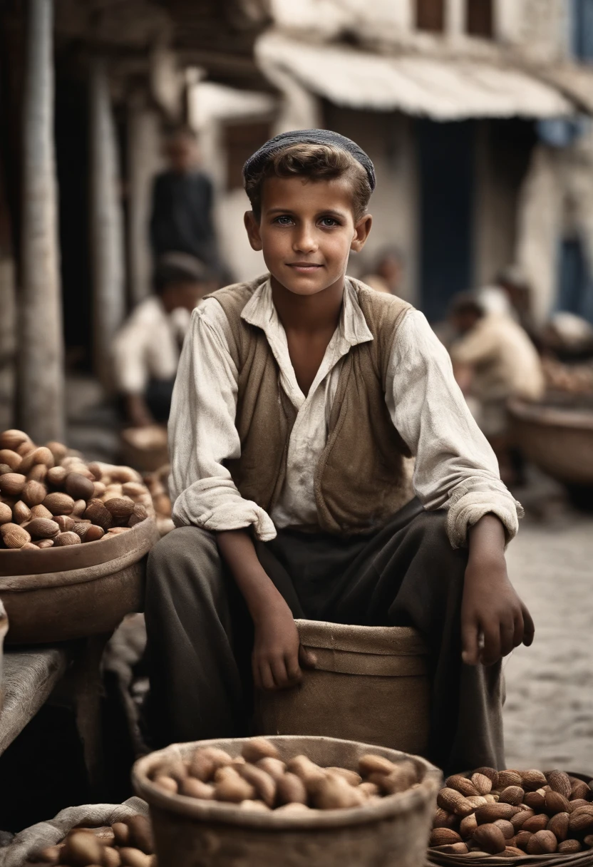 an old black and white photo of a poor white  boy holding nuts and selling then in alger boat port waving with his hand, dirty clouths ,1948, real-life photograph, french architecture, provia, security agent, vignette, small crowd of people, real, large frame