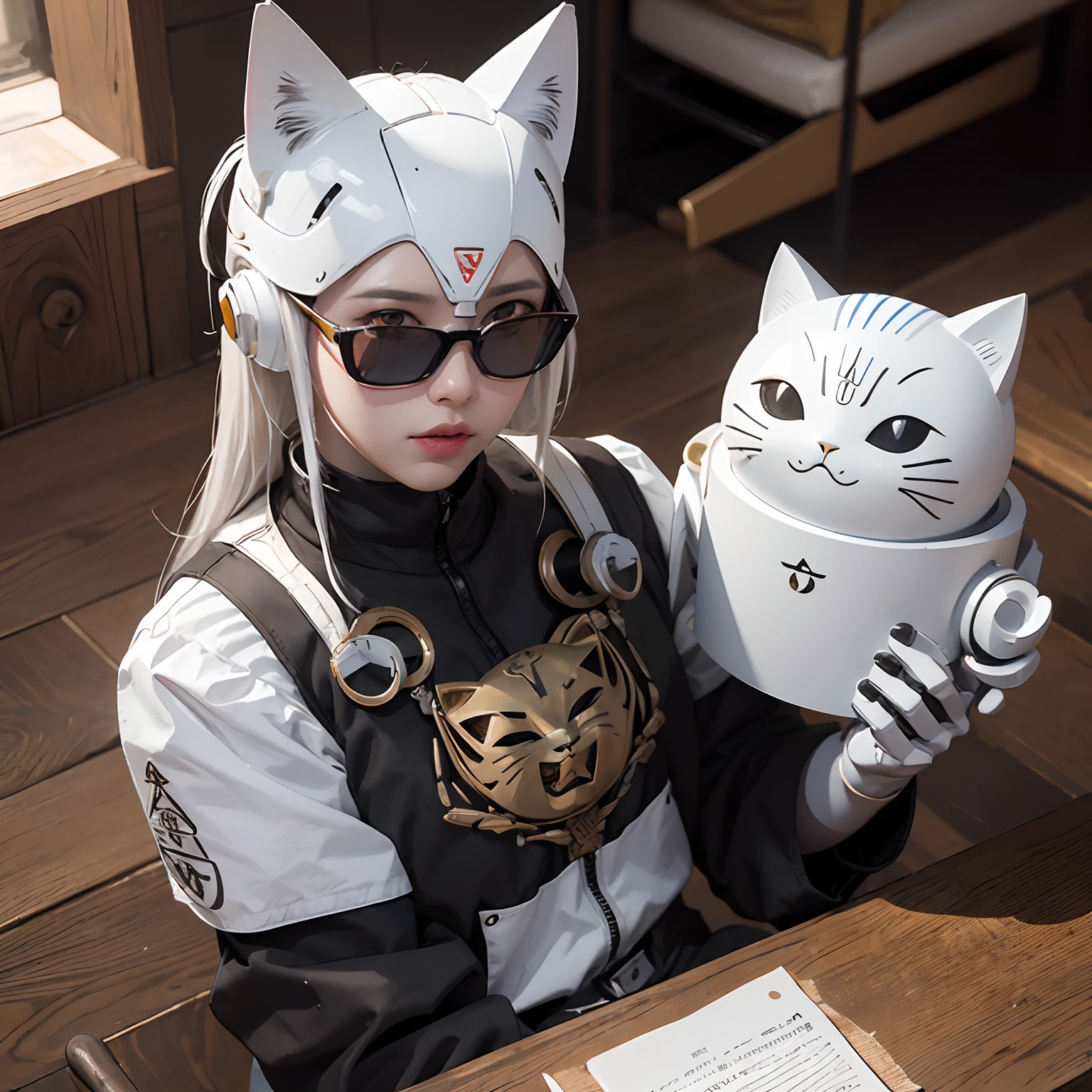 Robot de metal con gafas de sol, Porcelain and paper with a cat-shaped mask in hand, Neo Tokio, Sanskrit, kanji, Antecedentes de Londres, madera, Mini Robot gato chino