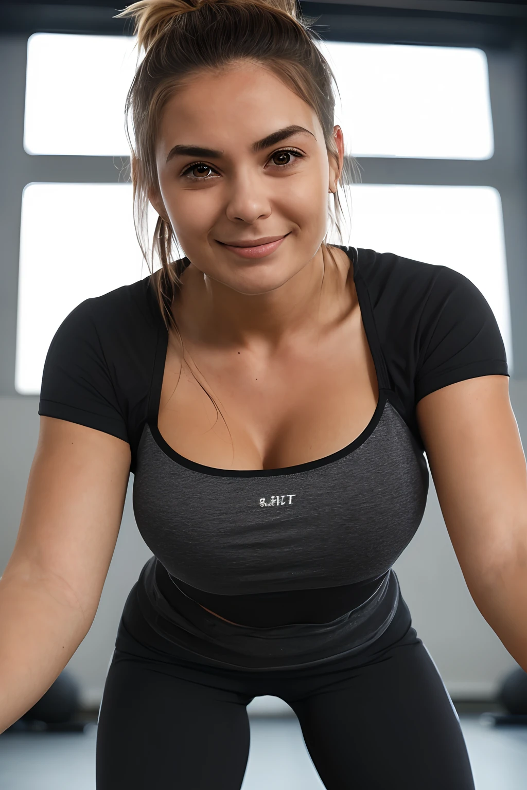lustful, tempting, Depraved, fitnessmodel, Close-up, tight clothing, smile.