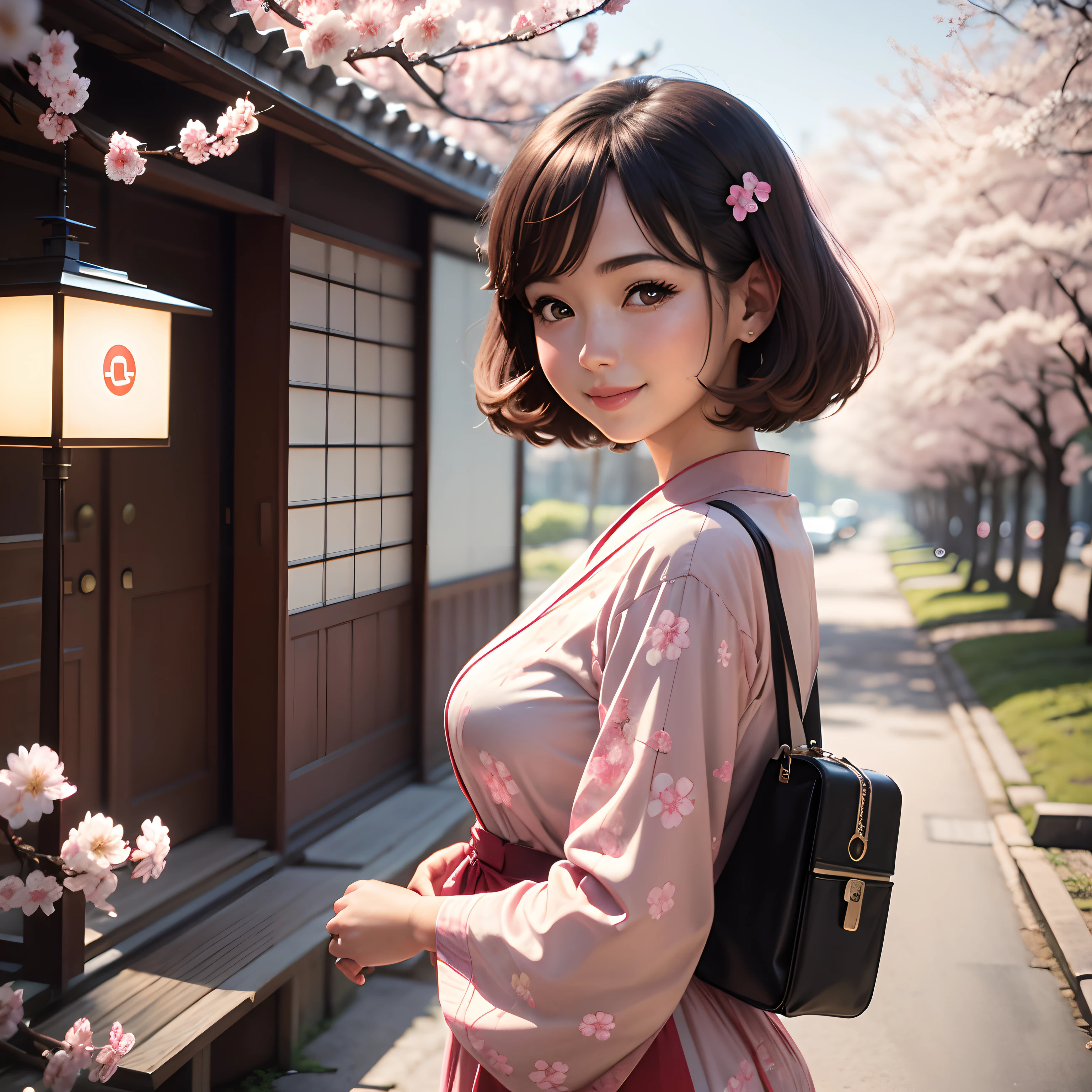 retro photography, 1960s , AGFA, Kodak, 1girl, portrait, looking_at_viewer, smile, japan, tokyo, cherry blossom, octane render, solo, rtrophto1