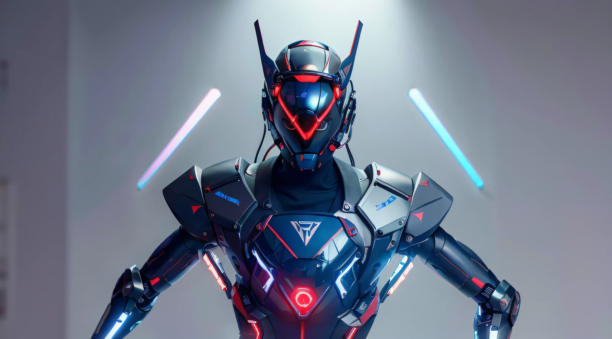 masterpiece, best quality, a close up of a futuristic looking cyborg man with a fantastic cyber helmet head with red and blue triangle led lights and a halo, full body, dancing. dance. synthwave ballad. silver pants. wearing a red and blue techwear jacket, white background. jump, full body, robotic legs.