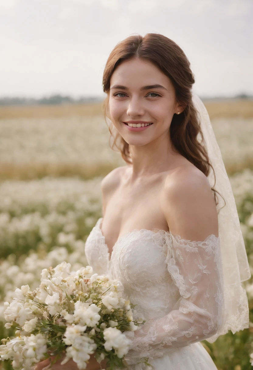1girl in white wedding dress, Bare shoulders, blooming flower field, light smile, wollensak 127mm f/4.7 ektar