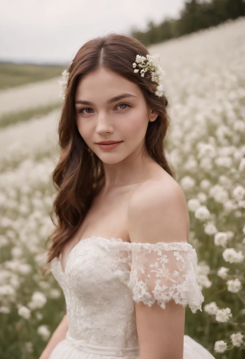 1girl in white wedding dress, Bare shoulders, blooming flower field, light smile, wollensak 127mm f/4.7 ektar