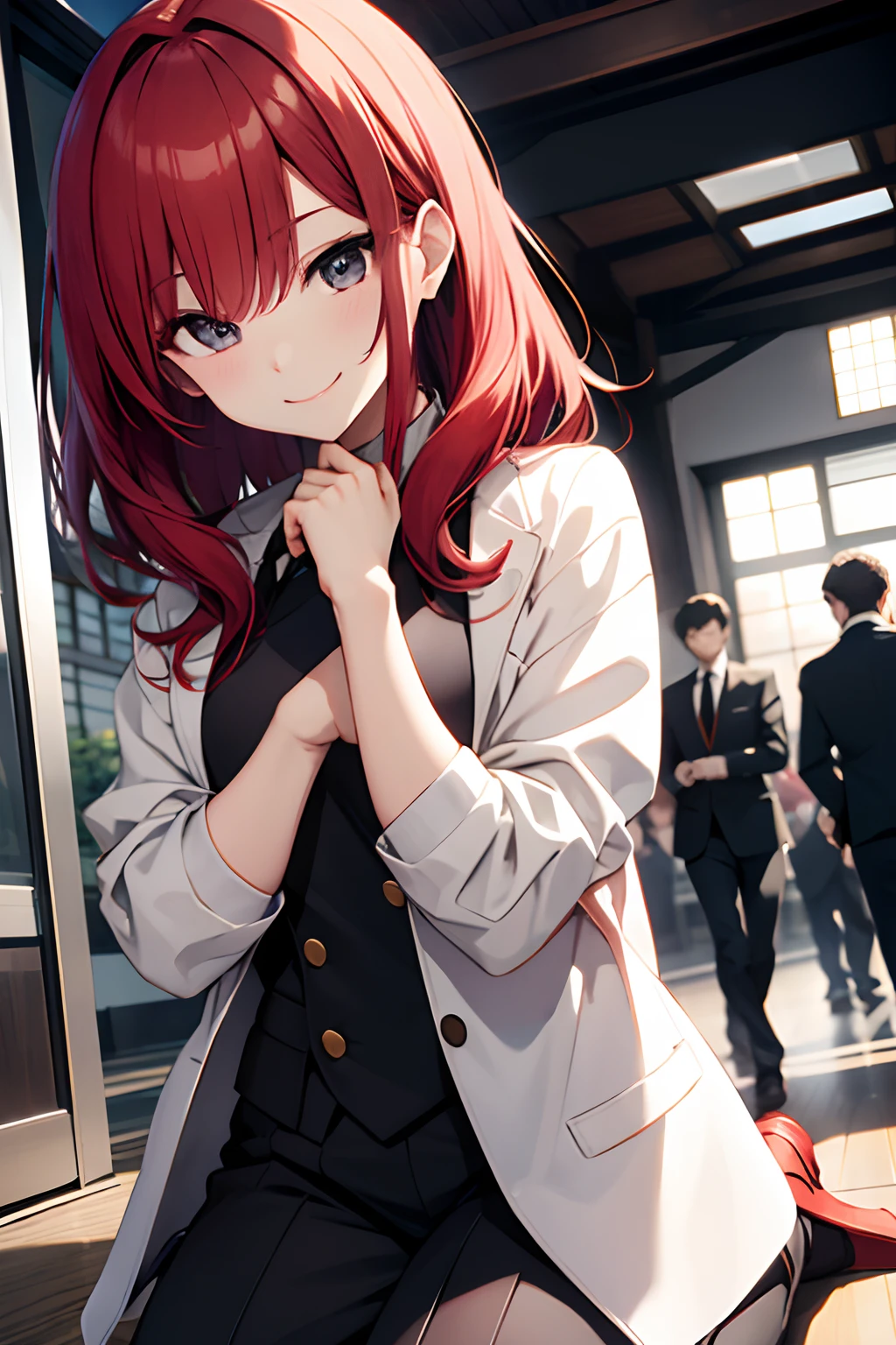 red hairs、cool、suits、A smile、cute little、Seiza