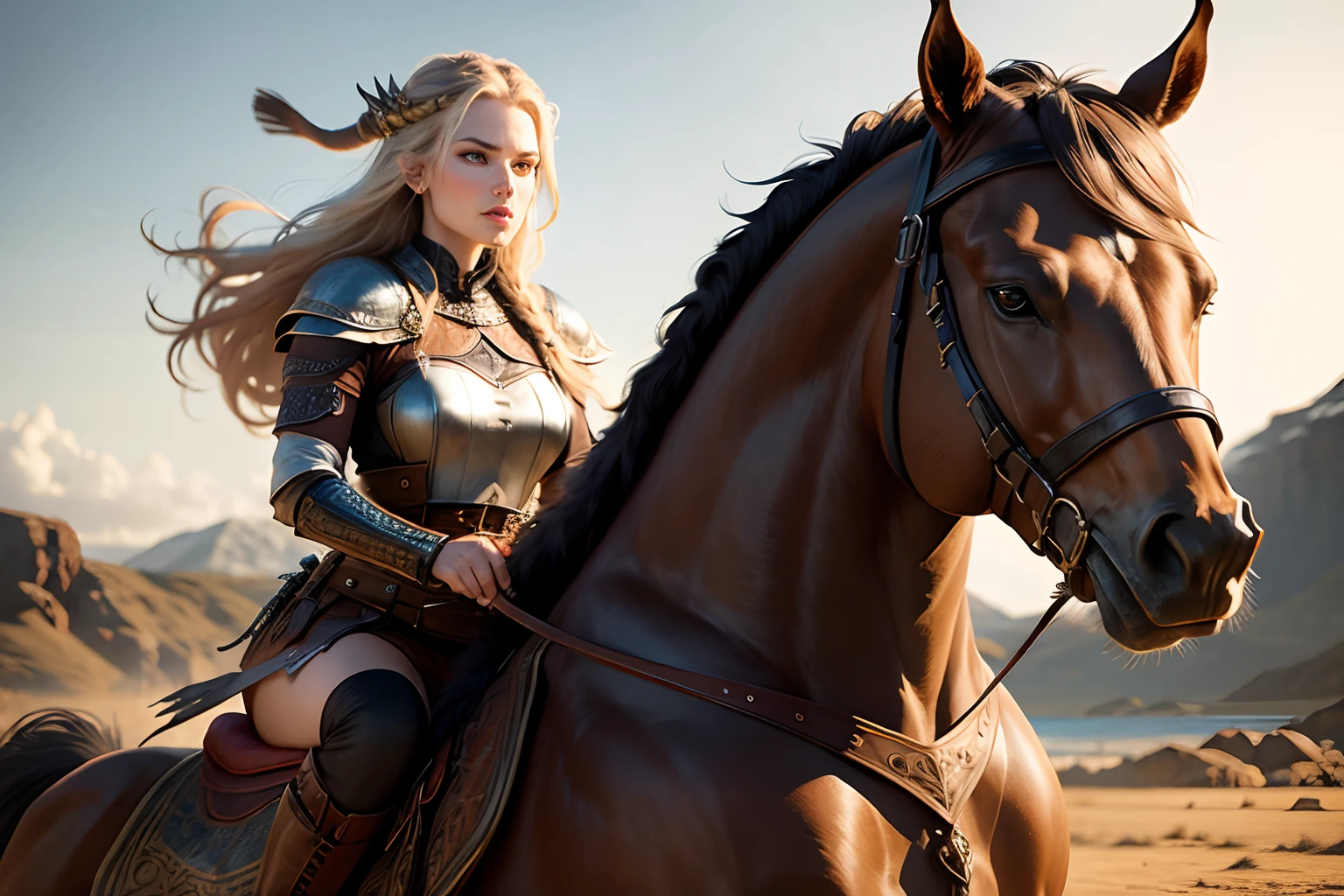 very beautiful woman, viking warrior, ultra realistic, leather outfit, riding a beautiful horse.