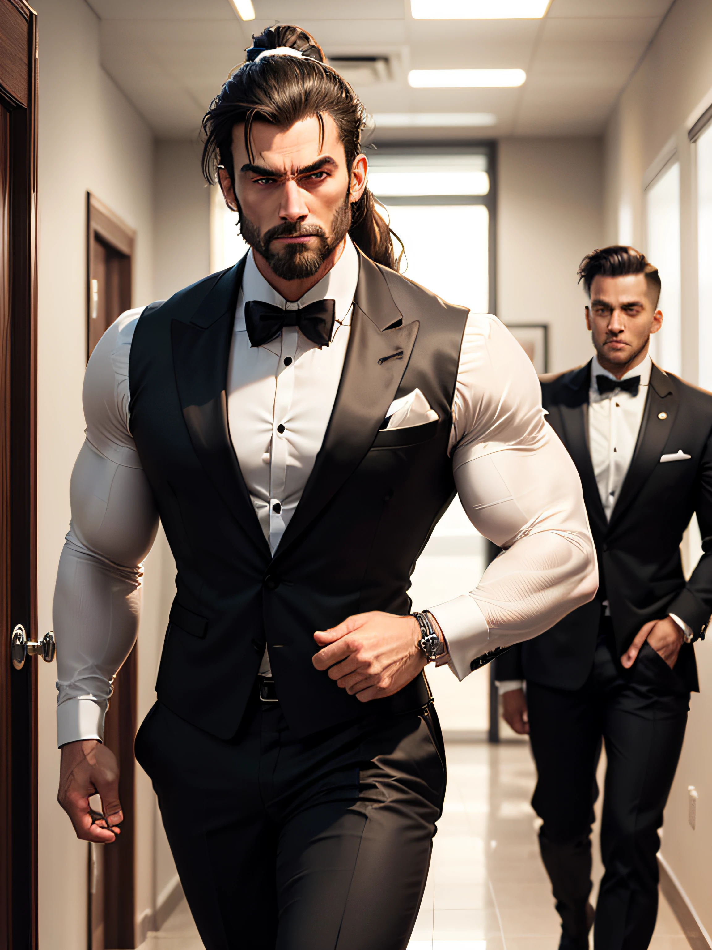 A strong, muscular man with a very long brown ponytail in the back, wearing a tuxedo, walks into the office.