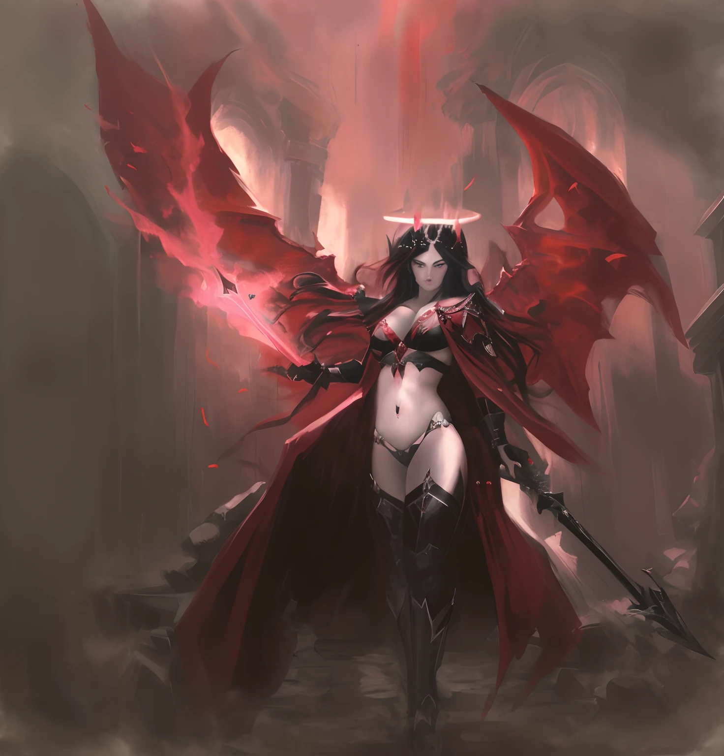 painting of a woman dressed in a red cape and holding a sword, the angel of death, the angel of death with a halo, angel of death, villainess has black angel wings, portrait of the angel of death, godrays digital painting, portrait of the death angel, angel knight gothic girl, raven winged female vampire, dark angel, inspired by Raymond Swanland