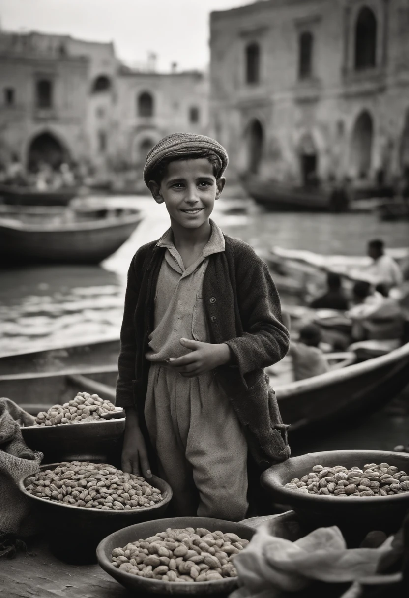 an old black and white photo of a poor white boy stand up holding nuts and selling them and waving with his hands in algeria boat port waving with his hand, dirty clouths ,1948, real-life photograph, french architecture, provia, security agent, vignette, small of people, real, large frame