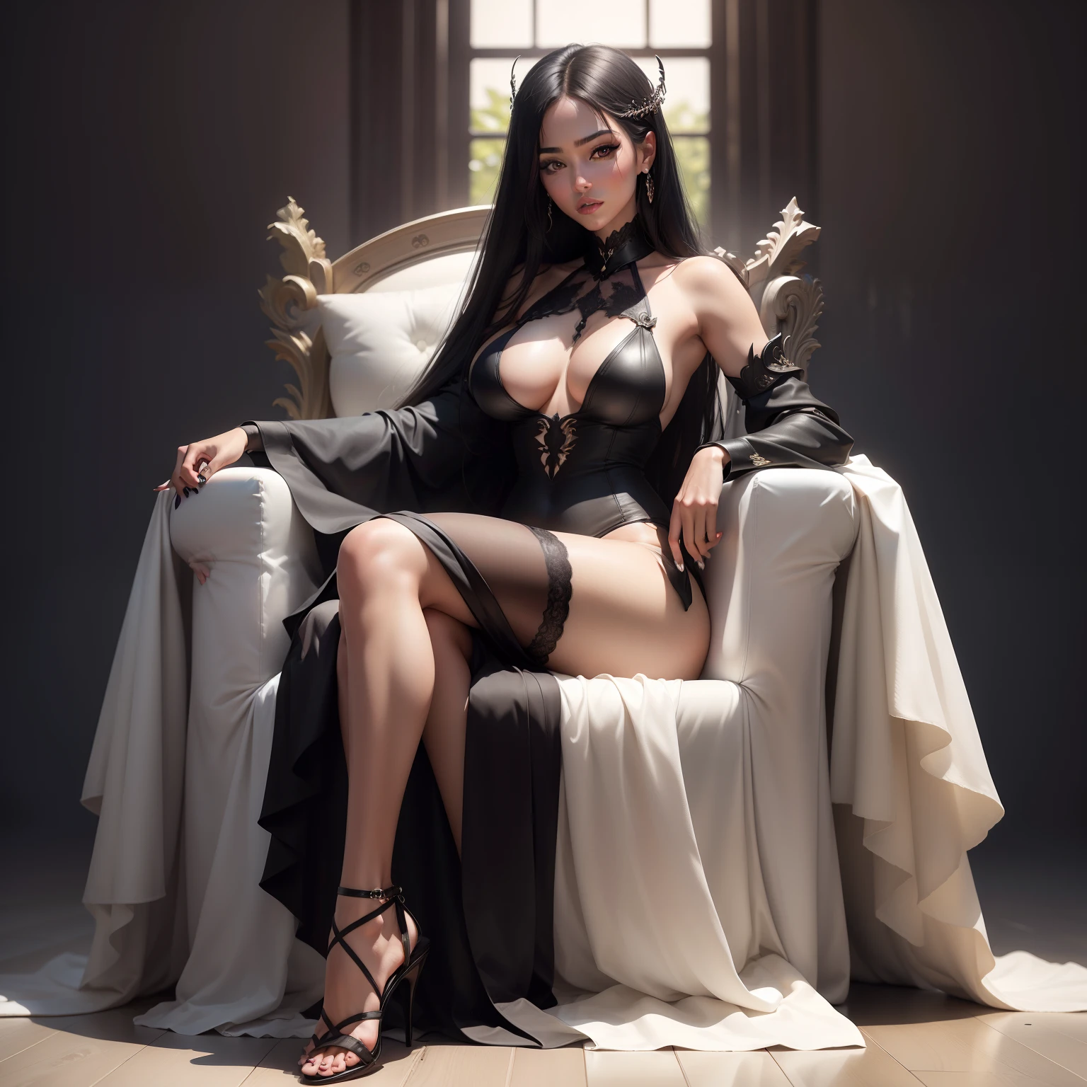 masterpice, Produce an ultra-realistic Instagram model of a beautiful woman: one woman, high heel sandals, full body, long black hair,black eyes, soft skin, sitting on a throne, legs open , beautiful black dress, big breast, part of breast out, The image has a high resolution of 4K, with soft, natural lighting that enhances the model's skin tones and the black color of their outfit, her legs uncovered, black lips, white skin, a sexy lady, a beautiful lady, and a beautiful face. perfect face, pretty face, goddess face