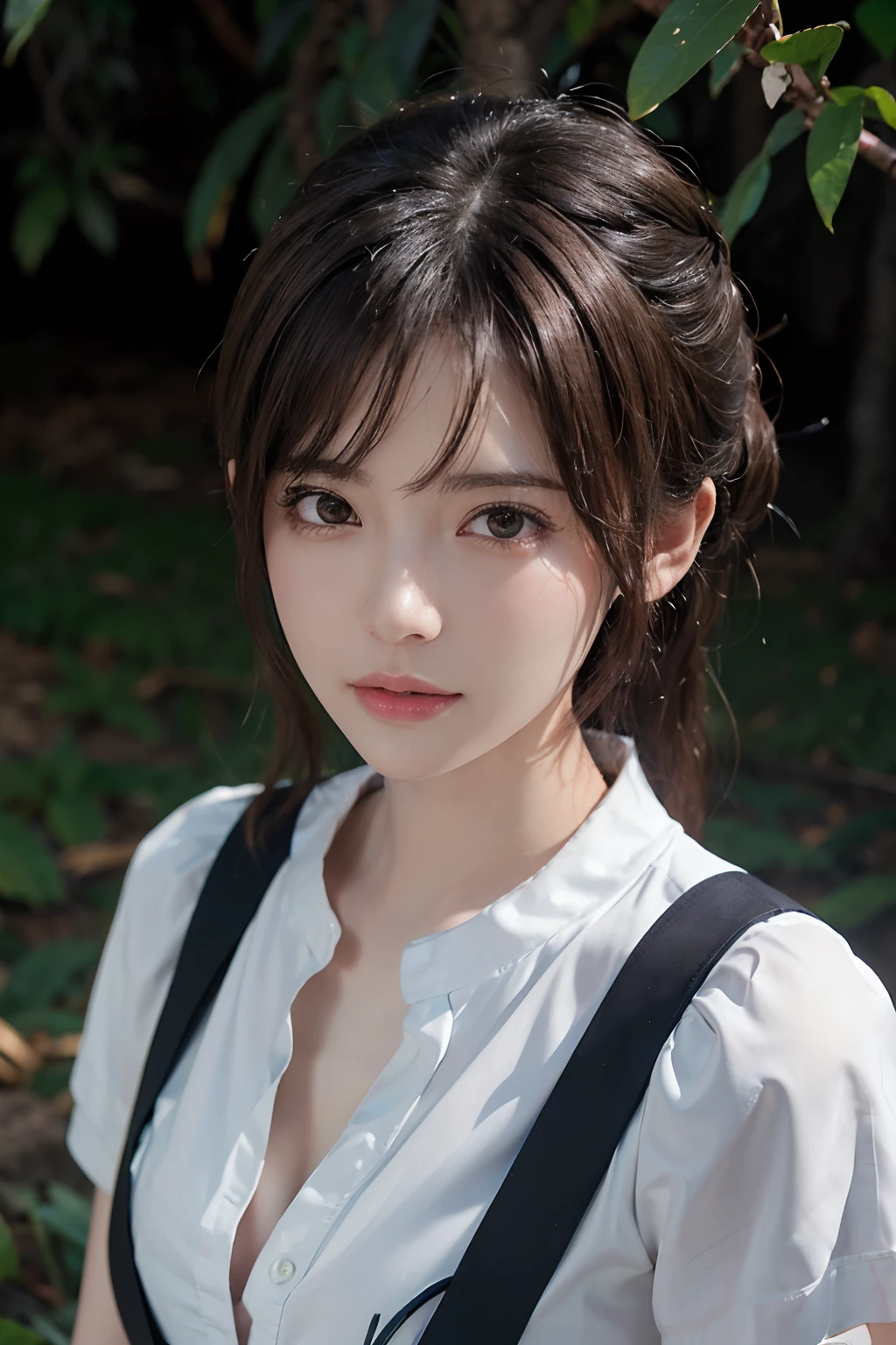 (masuter piece:1.3)、(8K、Photorealsitic、Raw photography、top-quality: 1.4)、(1girl in)、beautiful countenance、(Lifelike face)、(Brown hair、Longhaire:1.3)、Twin-tailed、Beautiful hairstyle、realisticeyes、Beautiful details、（real looking skin）、Beautiful skins、（The shirt）、absurderes、enticing、超A high resolution、A hyper-realistic、high-detail、the golden ratio、、bilaterally symmetrical、Sad look、grass field