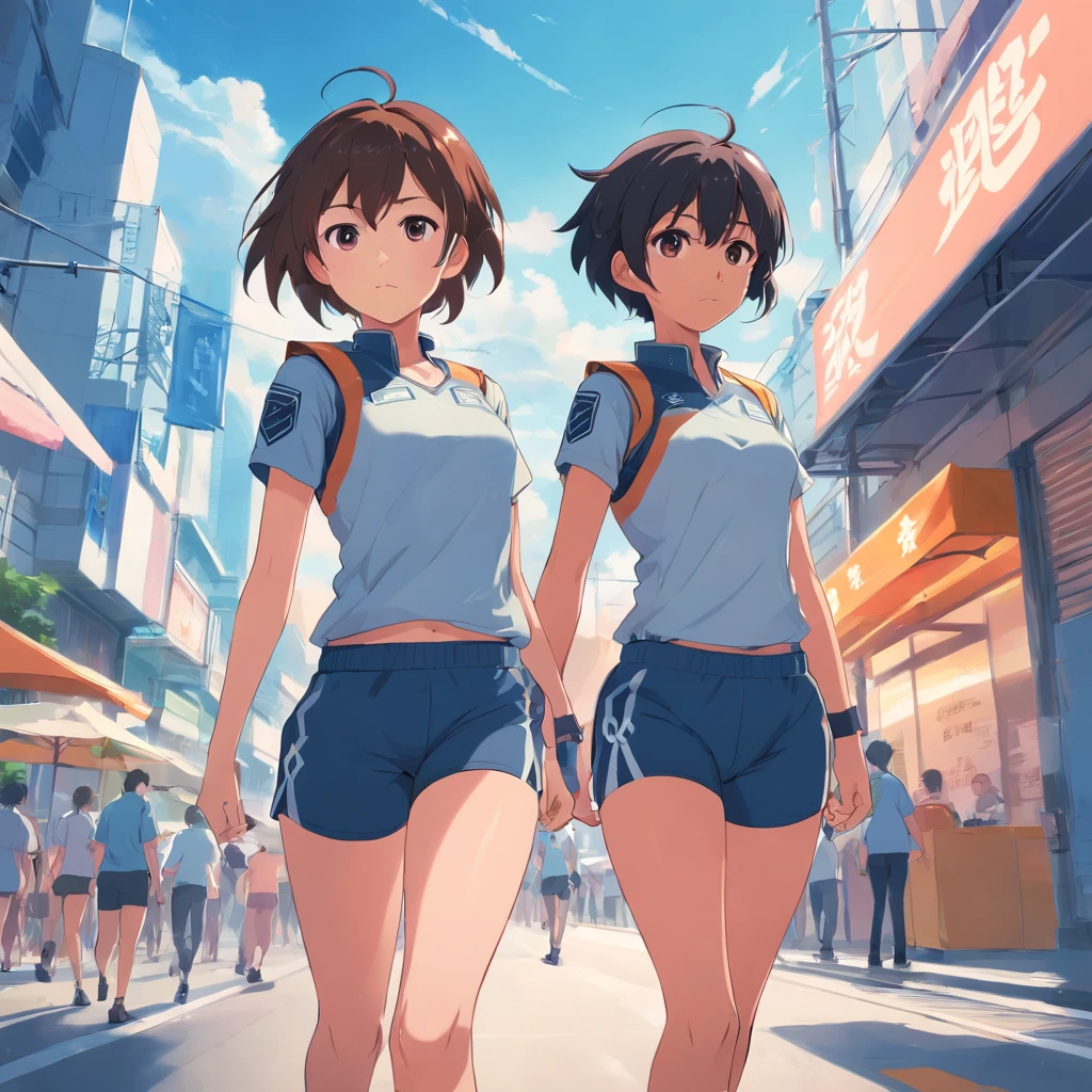 Two lightly armed beautiful girl soldiers wearing compression shorts. Anime style. Small breasts.