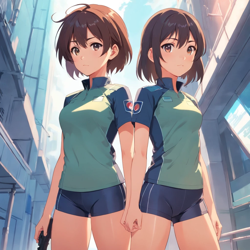 Two lightly armed beautiful girl soldiers wearing compression shorts. Anime style. Small breasts.