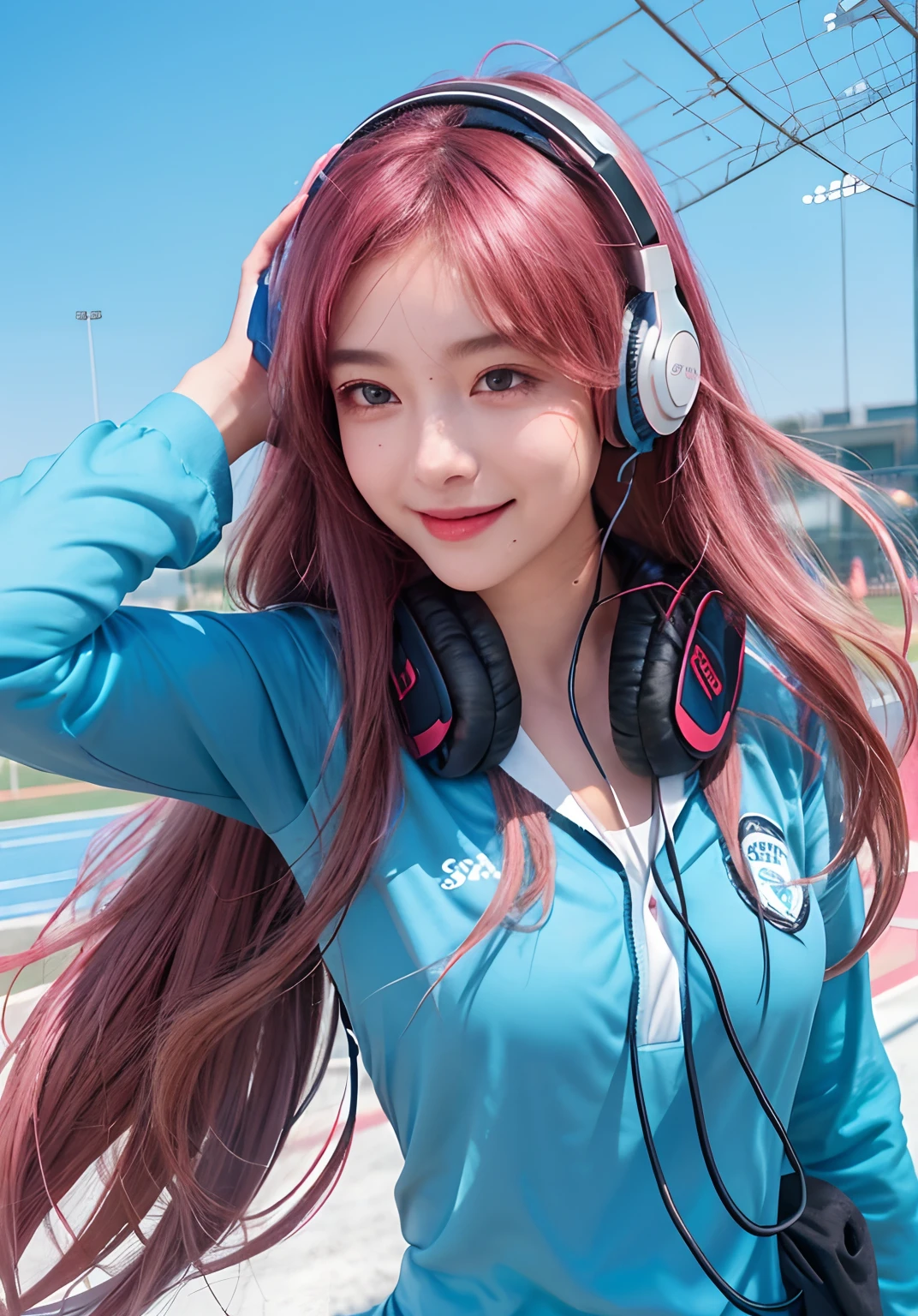 superfine illustration, very detailed beautiful face and eyes, Dynamic Angle, School sports ground, Reflect the upper body, Happy expression, Wrap a lot of headphones around your neck