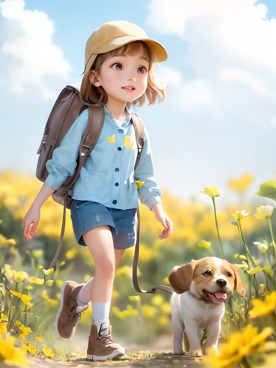 Tip: A very charming *********** with a backpack and her cute puppy enjoying a lovely spring outing surrounded by beautiful yellow flowers and nature. The illustration is a high-definition illustration in 4k resolution, featuring highly detailed facial features and cartoon-style visuals.