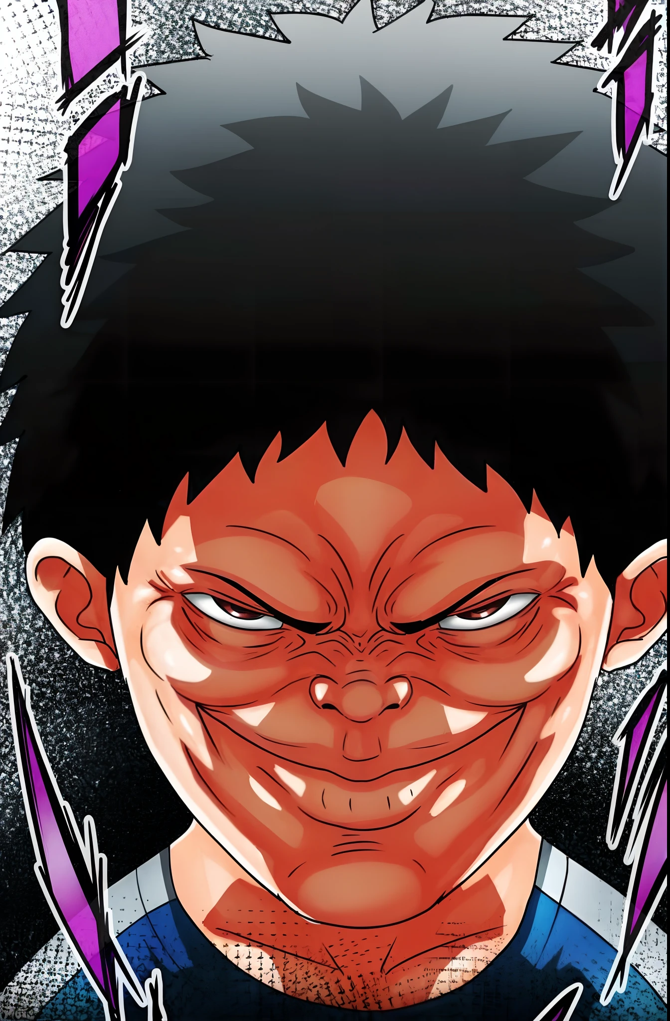 a close up of a cartoon character with a big smile, joker looks like naruto, highly detailed angry anime face, mob psycho 100, ohararyu, manga style of kentaro miura, junji ito 4 k, baki style, toriyama akira, alien robot luffy, manga cover style, shonen, kentaro miura manga style