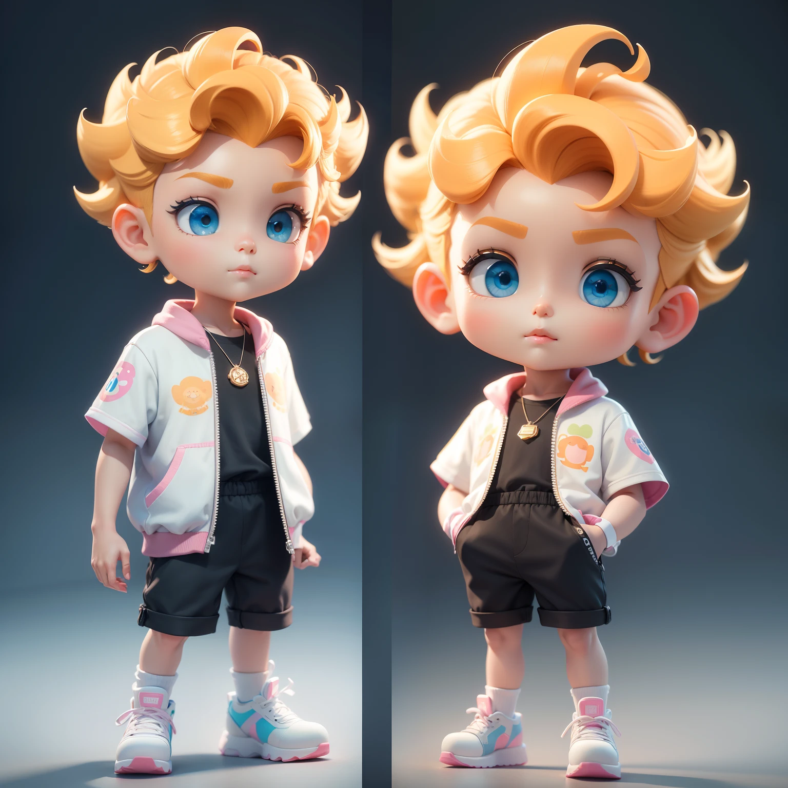 1 cute boy，short detailed hair，Dreamy cute hair accessories Popmart blind box，IP design，Clean bright background 3D rendering，oc rendered，Ultra-fine details，Fine gloss，full bodyesbian，standing on your feet