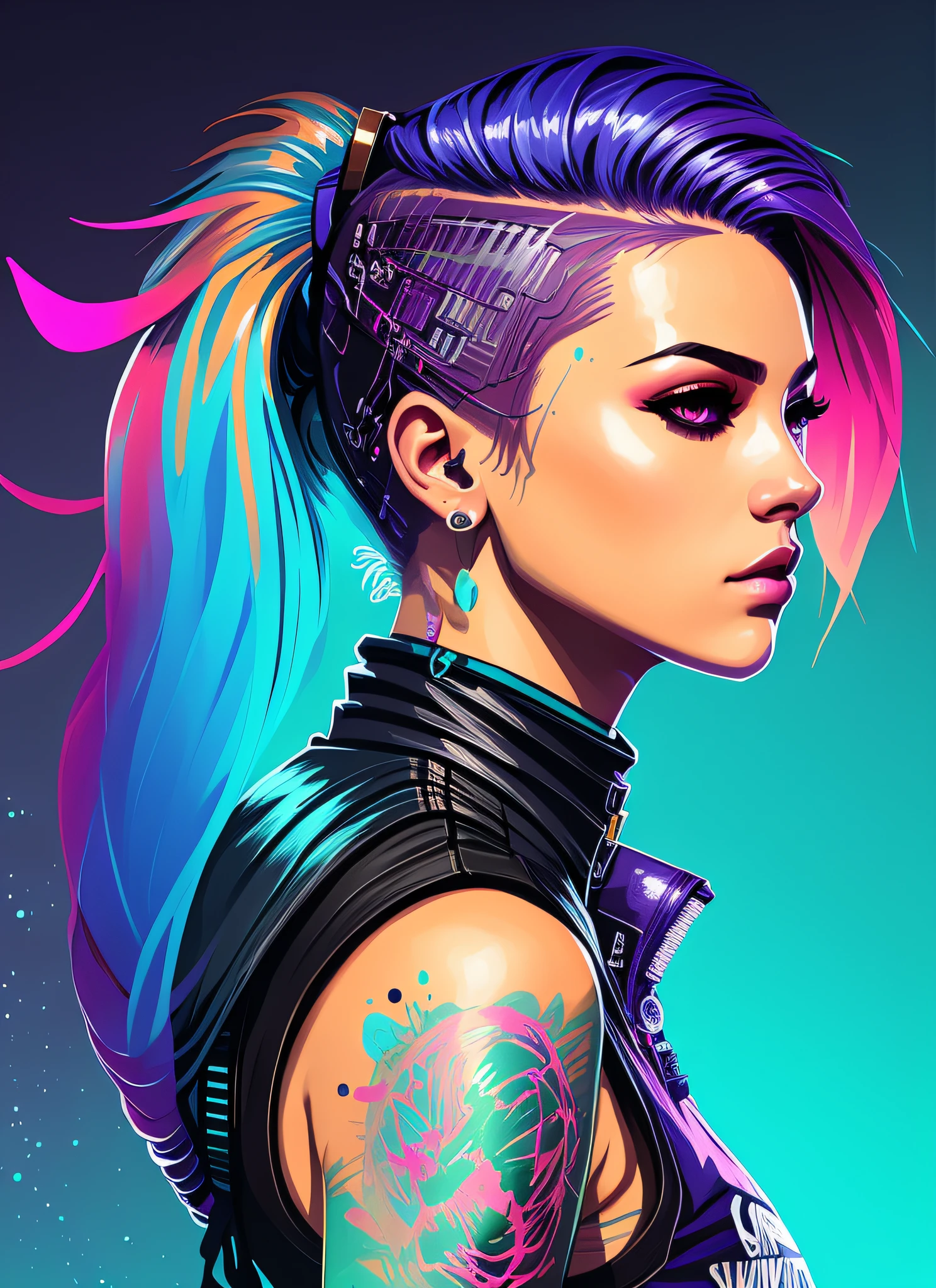 swpunk style synthwaveaward winning half body portrait of a woman in a croptop and cargo pants with ombre navy blue teal hairstyle with head in motion and hair flying, paint splashes, splatter, outrun, vaporware, shaded flat illustration, digital art, trending on artstation, highly detailed, fine detail, intricate