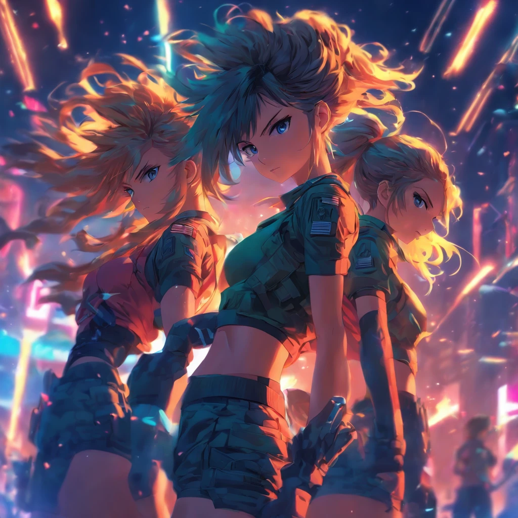 Two lightly armed beautiful girl soldiers wearing compression shorts. Anime style. Small breasts.