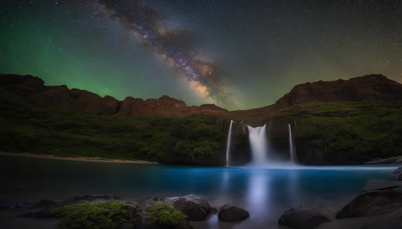 Master Parts、qualidade superior、Qualidade de imagem superior、A qualidade 8k、Beautiful photos of the starry sky、magnifica、Arched Milky Way:1.9、Geleira Azul、aurora:1.9