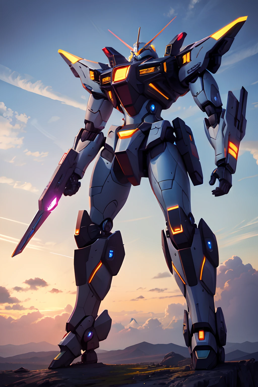skye, Clouds, holding_arma, no man_humans, Glow, a robot, architechture, Glowing_eyes, Mecha, science fiction, City, Reality, Mecha, full - body