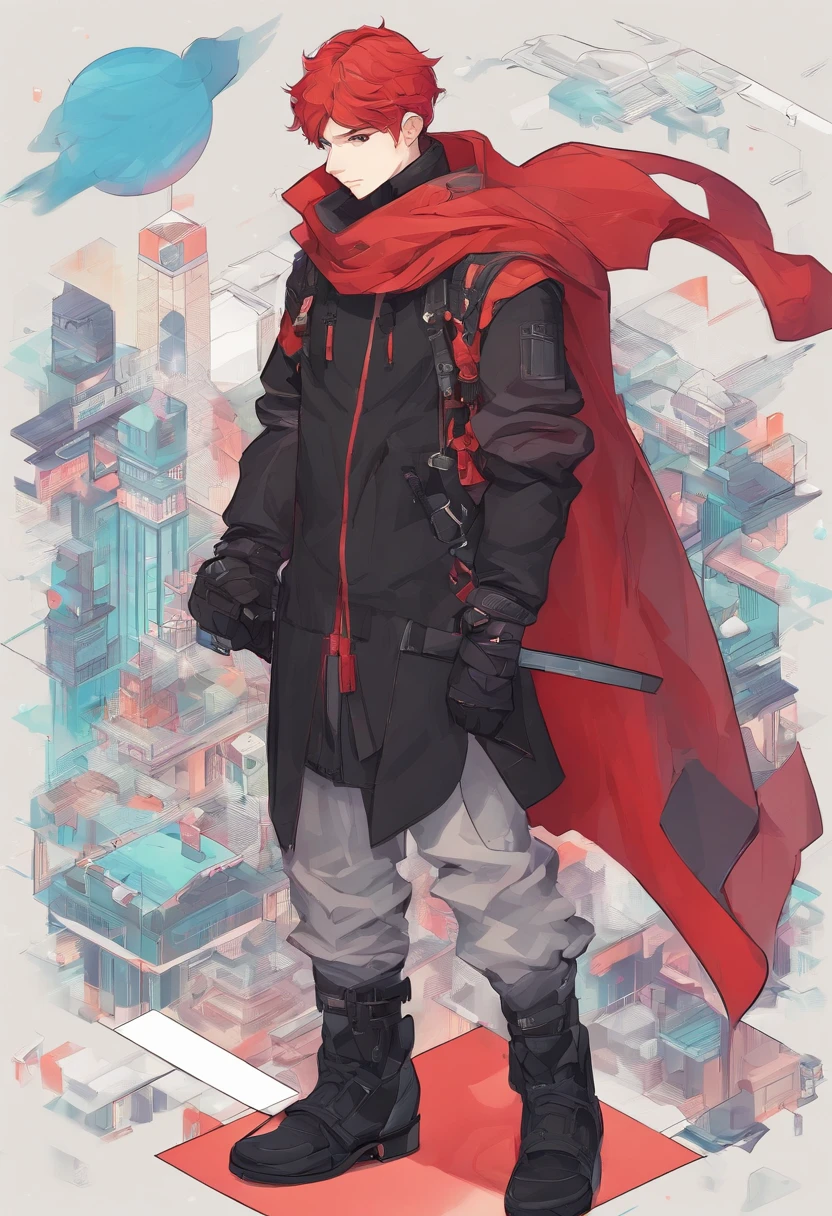 A cold man，red tinted hair，Blackn clothes，Cloak，Brown pants，My World