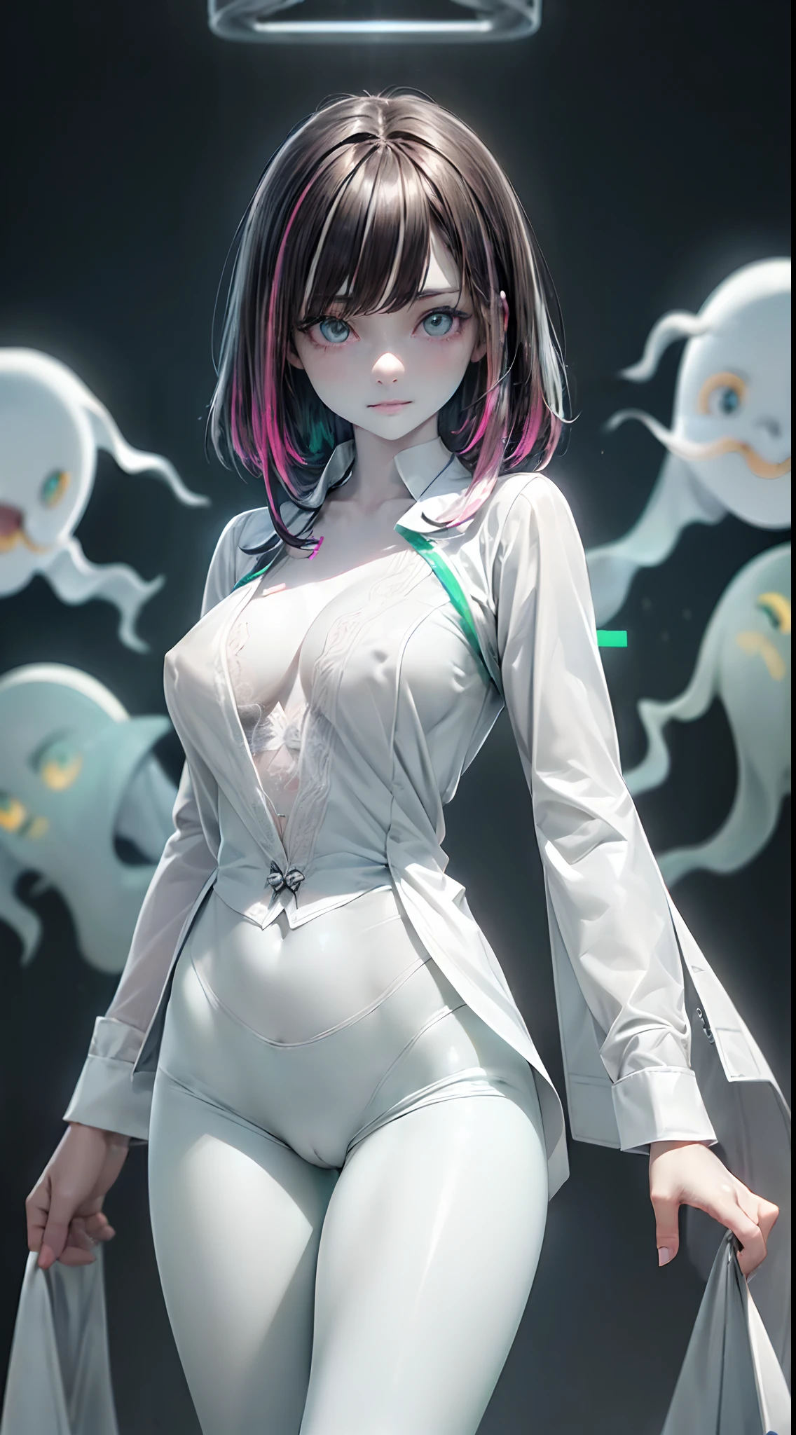 (ghosty:1.85) (doctor:1.5) (nurse:0.65) girl, (white doctor coat:1.4), (spirit, spiritual:1.2), 1girl, perfect and well designed glowing shiny eyes, (beautiful detailed eyes:1.05), natural medium breasts, slim body, beautiful and delicate cute face, (face detail), ((realistic face)), pores, ((pale grey skin)), detailed skin, realistic skin, (((bioluminescence))), ((shiny skin)), (multicolored gradation skin), (monster girl:1.25), human face, medium length hair, hair voluminous, (((((multicolored gradation hair))))), (dark-haired:1.75), super high resolution, 8k, parameters Best quality, (masterpiece:1.4), (magic accessories:1.4), bracelets, extremely detailed thick tight ((white:1.5), (green:1.2), (pink:0.5)) (medical uniform:1.6), (shirt:1.7), (pants:1.3), (standing nipples under cloth:1.3), (cameltoe:1.5), (neckline:1.3), (cleavage:1.4), (decolette:1.5), Young Girl, Little Beast, (Smile:0.9), (pale Skin:1.85), ultra detailed, photorealistic, ((Real image)), (best quality:1.4), super high resolution, (Realistic 2.0), More details, (((1girl))), {(medical ward:1.2)|(doctor office:1.2)}, (beautiful and aesthetic:1.2), (fractal art:1.4), (cinematic light:1.1), (DUTCH ANGLE:1.2), full body, 16K, HDR, RTX, Ray Tracing, Radiosity, Anisotropic Filtering, Subsurface Scattering, (((magic lights))), metallic reflections, Detailed, Realistic, 4k highly detailed digital art, (cool_color), extremely detailed CG unity 8k wallpaper, vibrant colors, (seductive pose:1.6)
