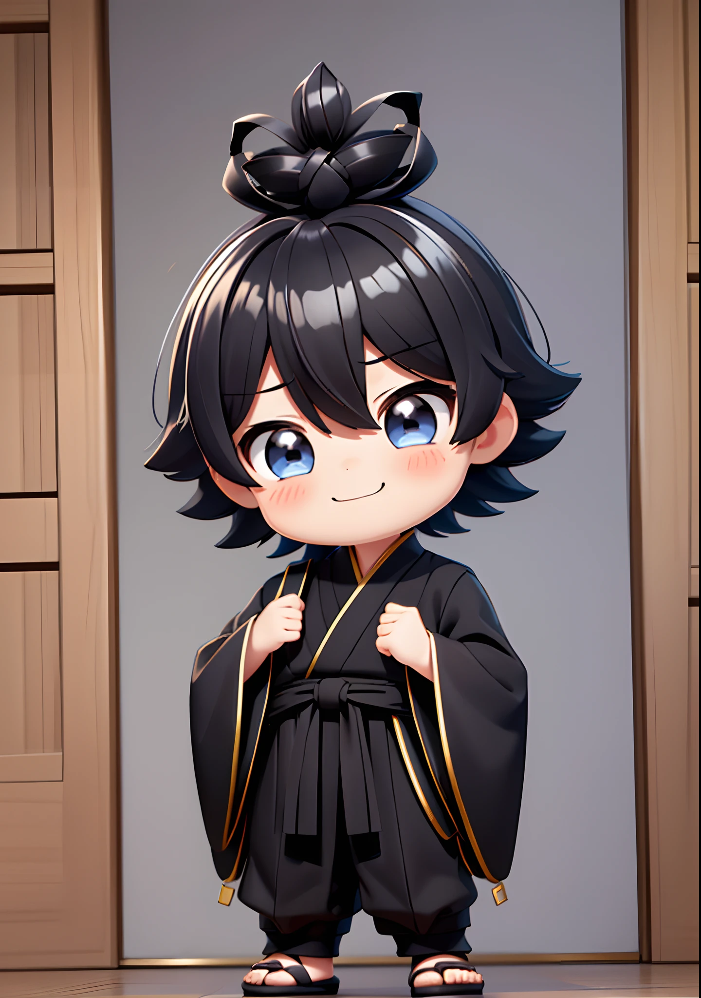 1boys,adolable,Happy face,Black color hair,独奏,tchibi,hair adornments,.tchibi,Hanfu,Short hair all over the body,Faraway view,standing on your feet