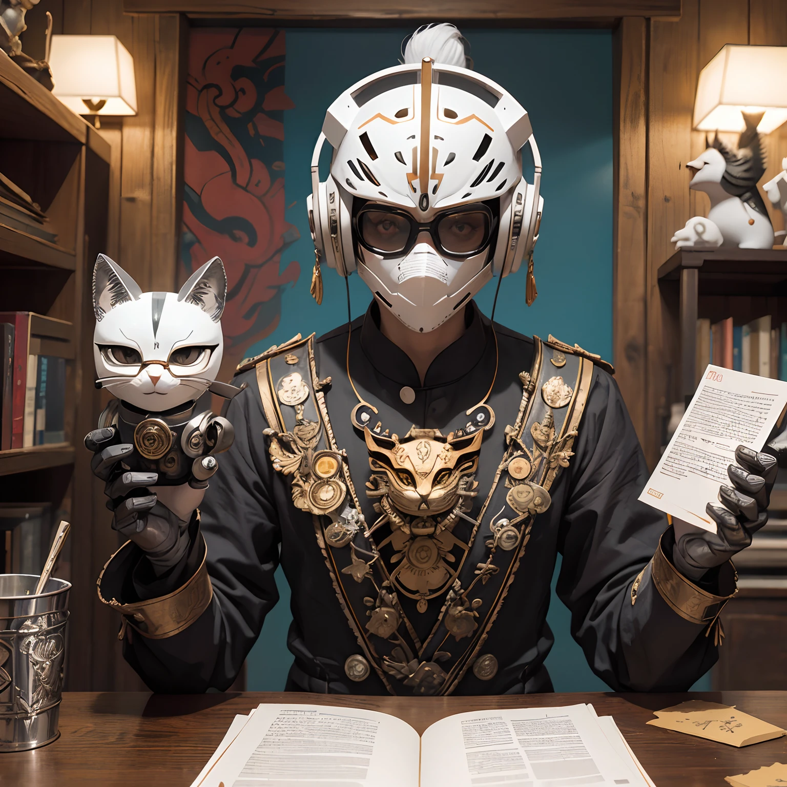 Robot de metal con gafas de esquiador, Porcelain and paper with an animal-shaped mask in hand, Neo Tokio, Sanskrit, kanji, Antecedentes de Londres, madera, Mini Robot gato chino