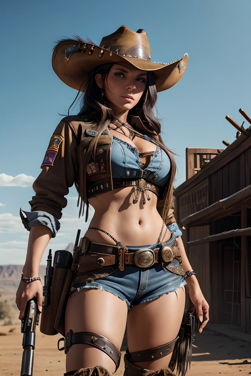 araffe woman in a cowboy outfit and hat holding a gun, post - apocalyptic cowgirl, female sheriff, western gunslinger, western cowgirl, female cowgirl, dressed as a western sheriff, cyberpunk wild west, western steampunk cyborg, cowgirl, oldwest, female lead character, fantasy leather clothing, cow-girl, 4 k wild west, old west, beautiful cowboy witch