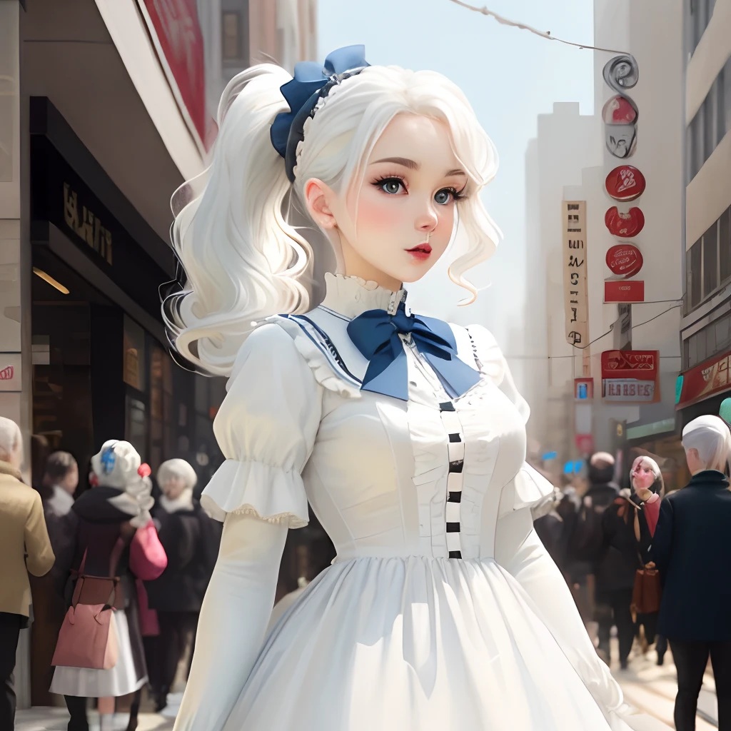 White color hair,Double ponytail curls,Blue eyes,White ta,Beth,Bustling city streets