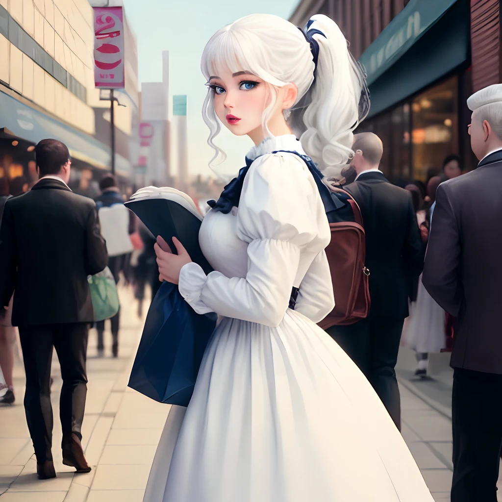 White color hair,Double ponytail curls,Blue eyes,White ta,Beth,Bustling city streets
