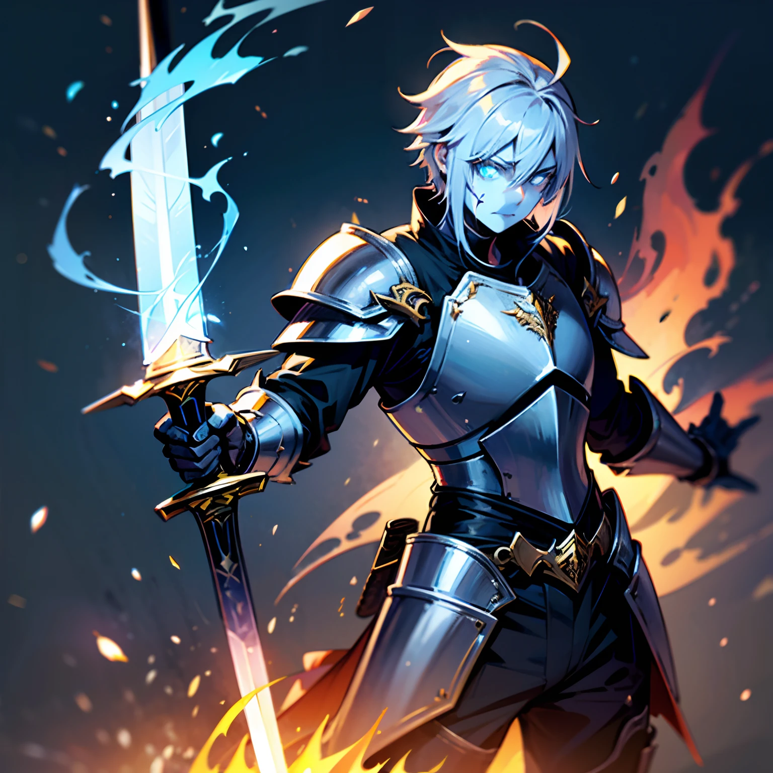 one adult male, undead, Steel armor, sword in arm, Hair Blue Flame, calm face, high quality image, Afkarena, Grechul