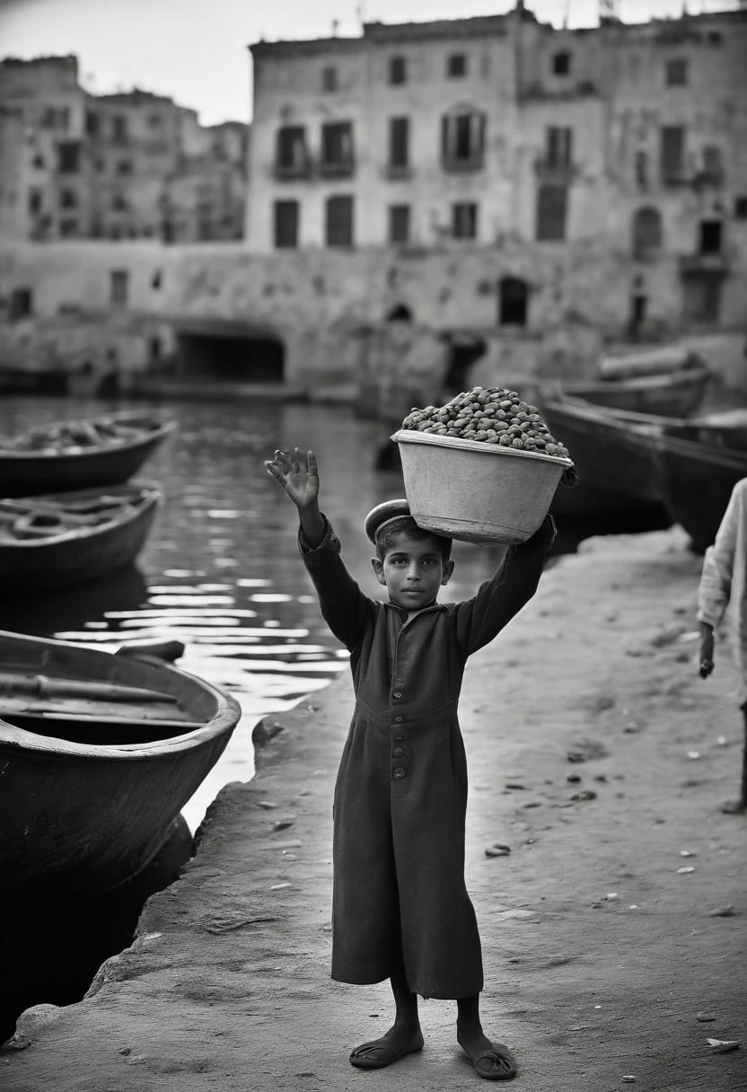 an old black and white photo of a poor white boy stand up holding box of nuts and selling nuts and waving with his hands in algeria boat port waving with his hand, dirty clouths ,1948, real-life photograph, french architecture, provia, security agent, vignette, small of people, real, large frame