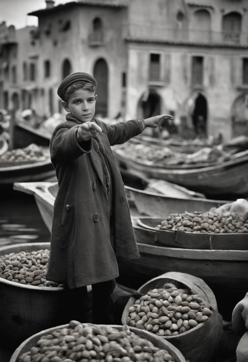 an old black and white photo of a poor white 12yo boy stand up holding box of nuts and selling nuts and waving with his hands in algeria boat port waving with his hand, dirty clouths ,1948, real-life photograph, french architecture, provia, security agent, vignette, small of people, real, large frame
