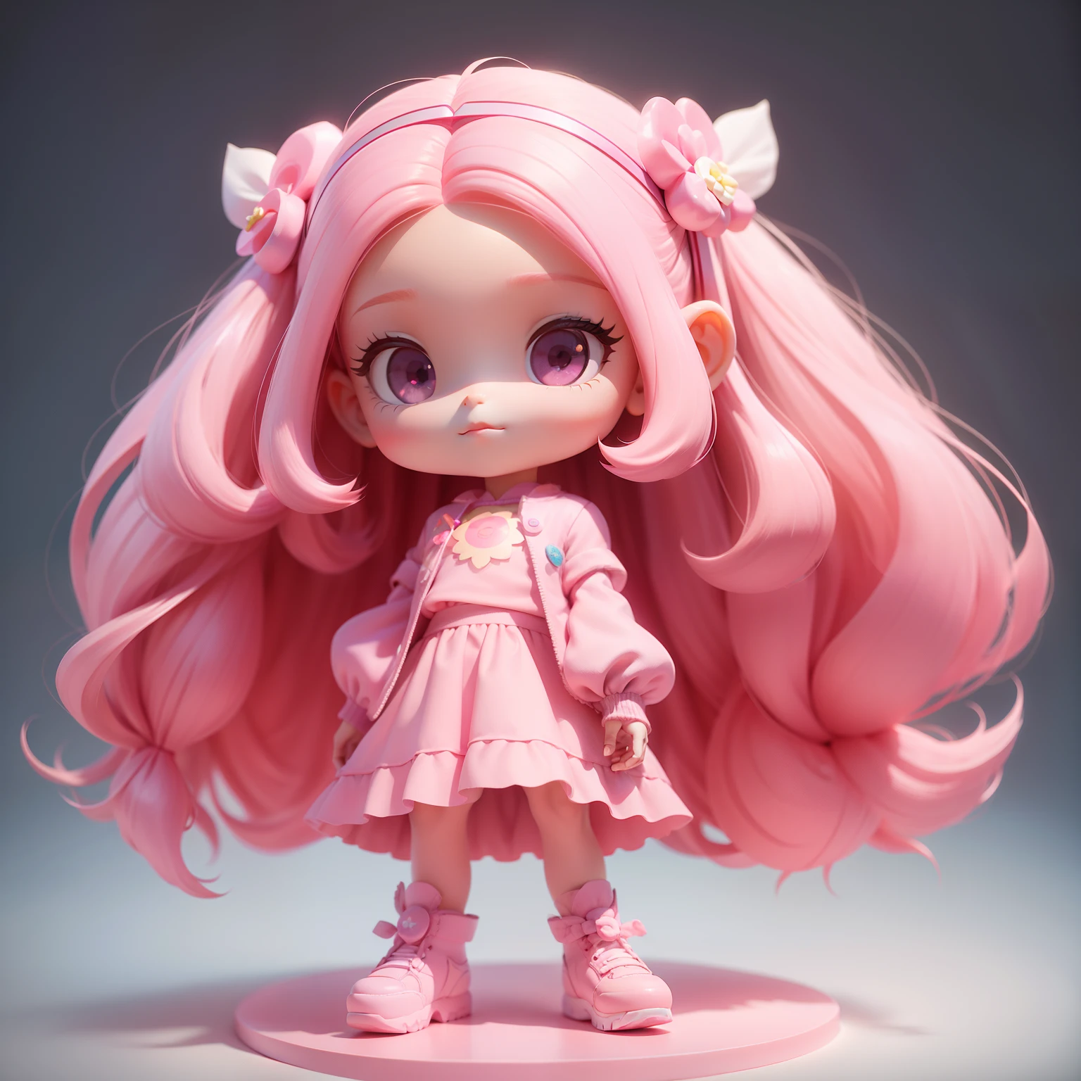 Pink Long Hair，cute female child，long  skirt，Dreamy cute hair accessories Popmart blind box，IP design，Clean bright background 3D rendering，oc rendered，8K，soft focus，Ultra-fine details，Fine gloss，full bodyesbian，standing on your feet
