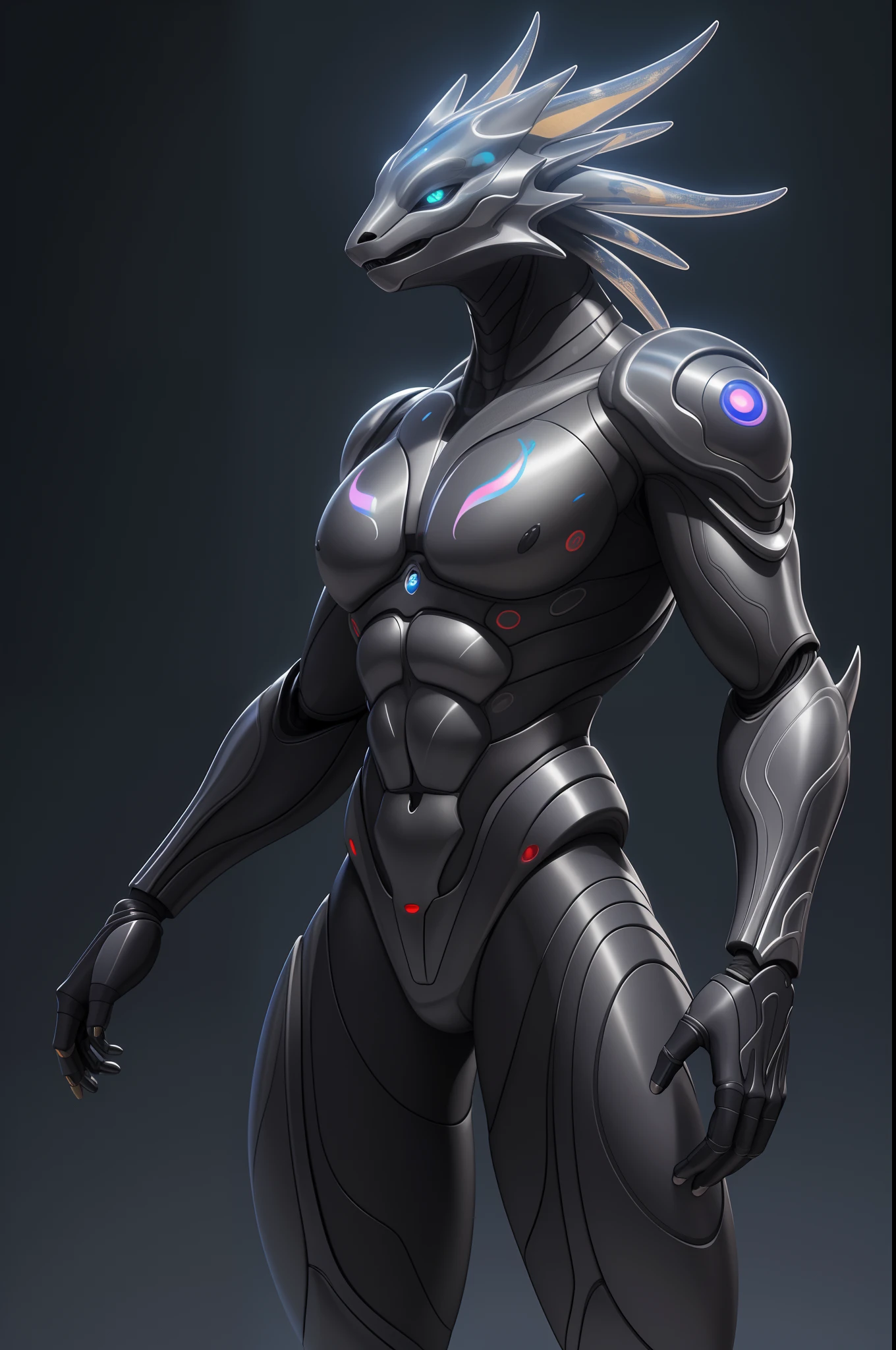 Biomechanical creature in humanoid form, com pele opalescente e escamas, master part, absolutamente perfeito, imagem impressionante, visualmente rico, intrinsecamente detalhado, arte conceitual, por Mschiffer, Bright holographic, cinemactic, Papel de parede UHD, ..3d, octan render, Volumetric lights, corpo inteiro