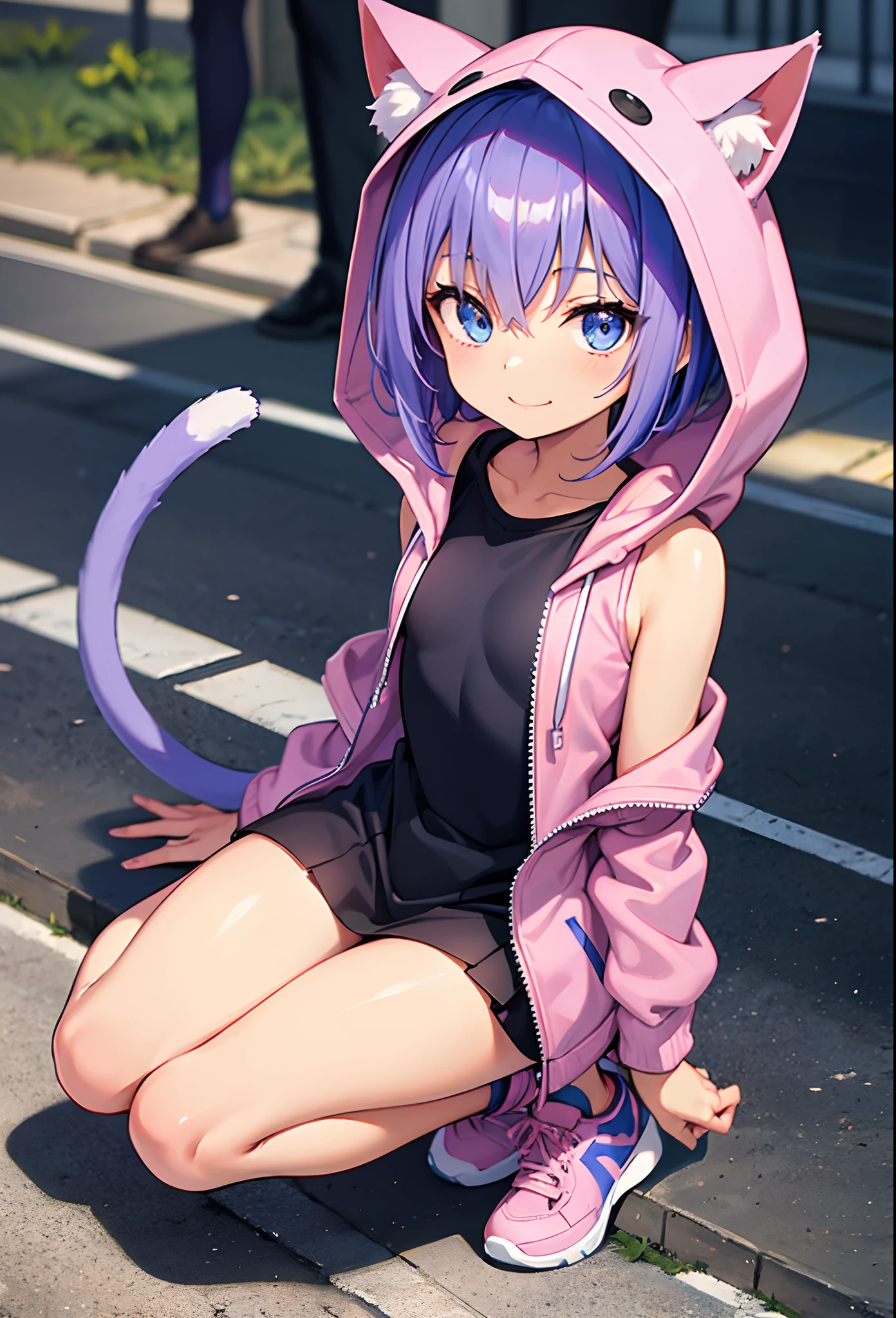 1 girl, young, tanned skin, blue eyes, purple hair, spiky short hair, cat tail, pink Jacket with hood on head with cat ears, open clothes, blue sleeveless dress, lilac sneakers, detailed body, detailed face, detailed eyes, glistering body, shiny body, skinny, high quality, masterpiece, small breasts, forest, smiled, Happy face, full body, street, Barcelona, clear Sky, loli, small girl,
