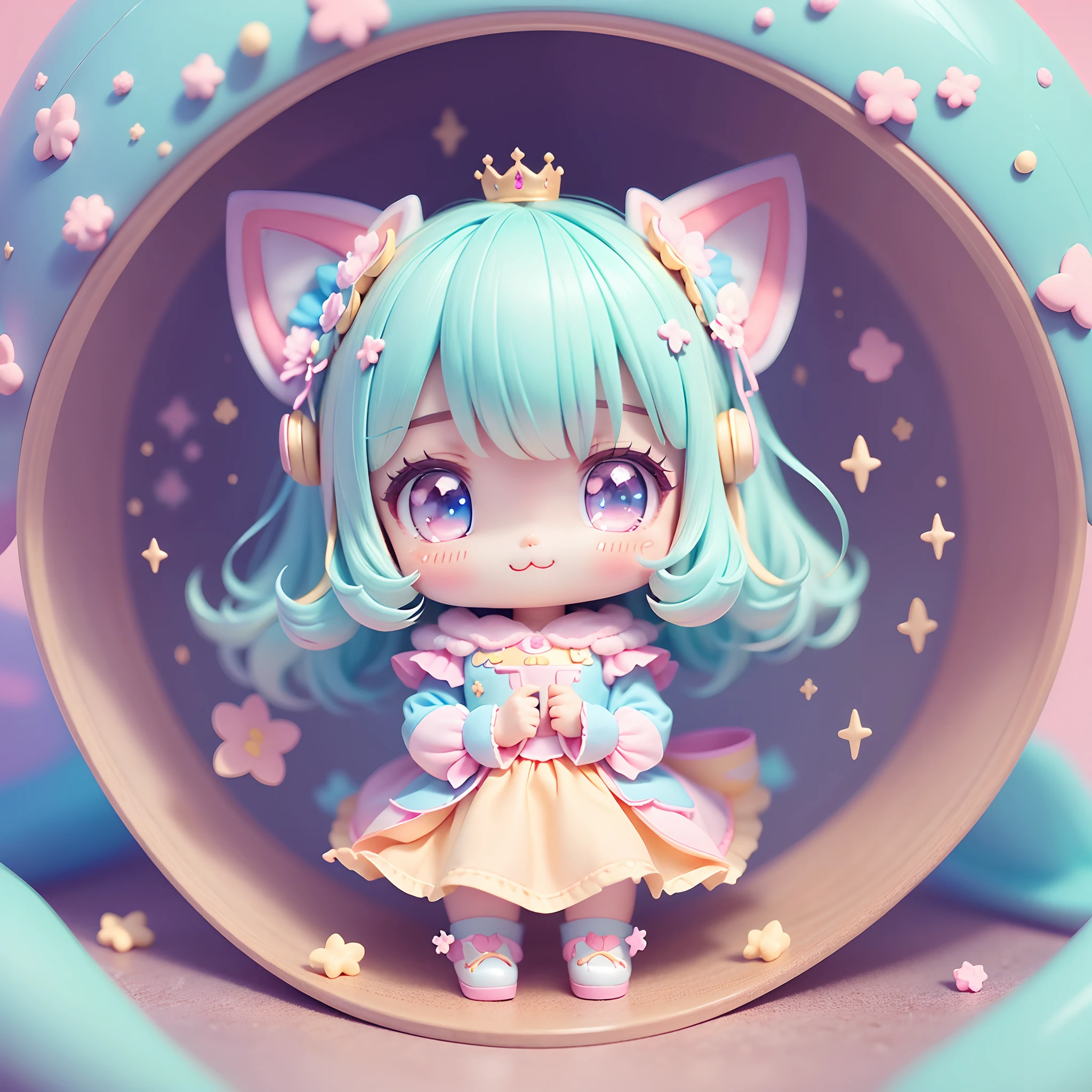 Masterpiece, the best quality, Q version character, a lovely Cat's ears (Steamed cat-ear shaped bread) girl sitting in a beautiful transparent glass bottle, mini world, the world in the bottle, axis moving lens virtualization effect, black hair, lovely blue eyes, many fish and stars floating around, exquisite facial features, incredible details and rich colors,