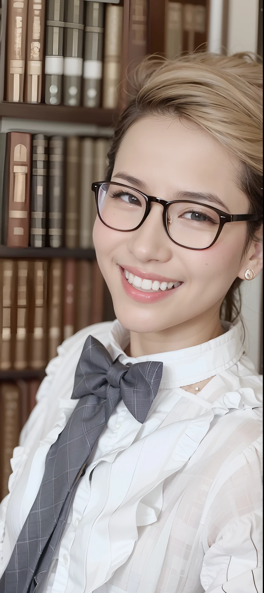 smiling woman in glasses and a tie in front of a bookcase, cute slightly nerdy smile, slight nerdy smile, detailed professional photo, mai anh tran, headshot profile picture, cindy avelino, headshot photo, with glasses, inspired by Ruth Jên, professional detailed photo, gemma chen, professional picture, slight nerdy awkward smile, charming smile