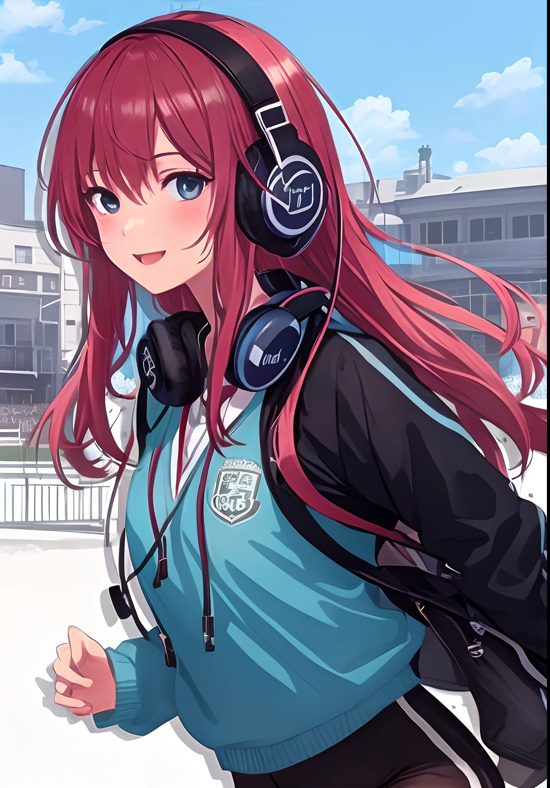 superfine illustration, very detailed beautiful face and eyes, Dynamic Angle, School sports ground, Reflect the upper body, Happy expression, Wrap a lot of headphones around your neck