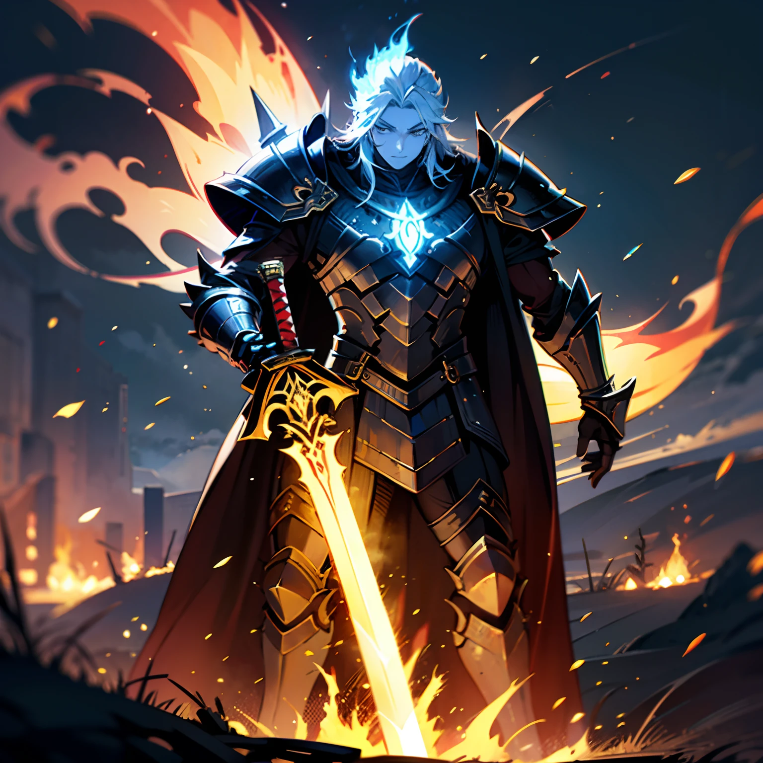 Odin, grown up, ember, undead, Steel armor, sword in arm, Hair top color Blue Flame, calm face, high quality image, Afkarena, Grezhul