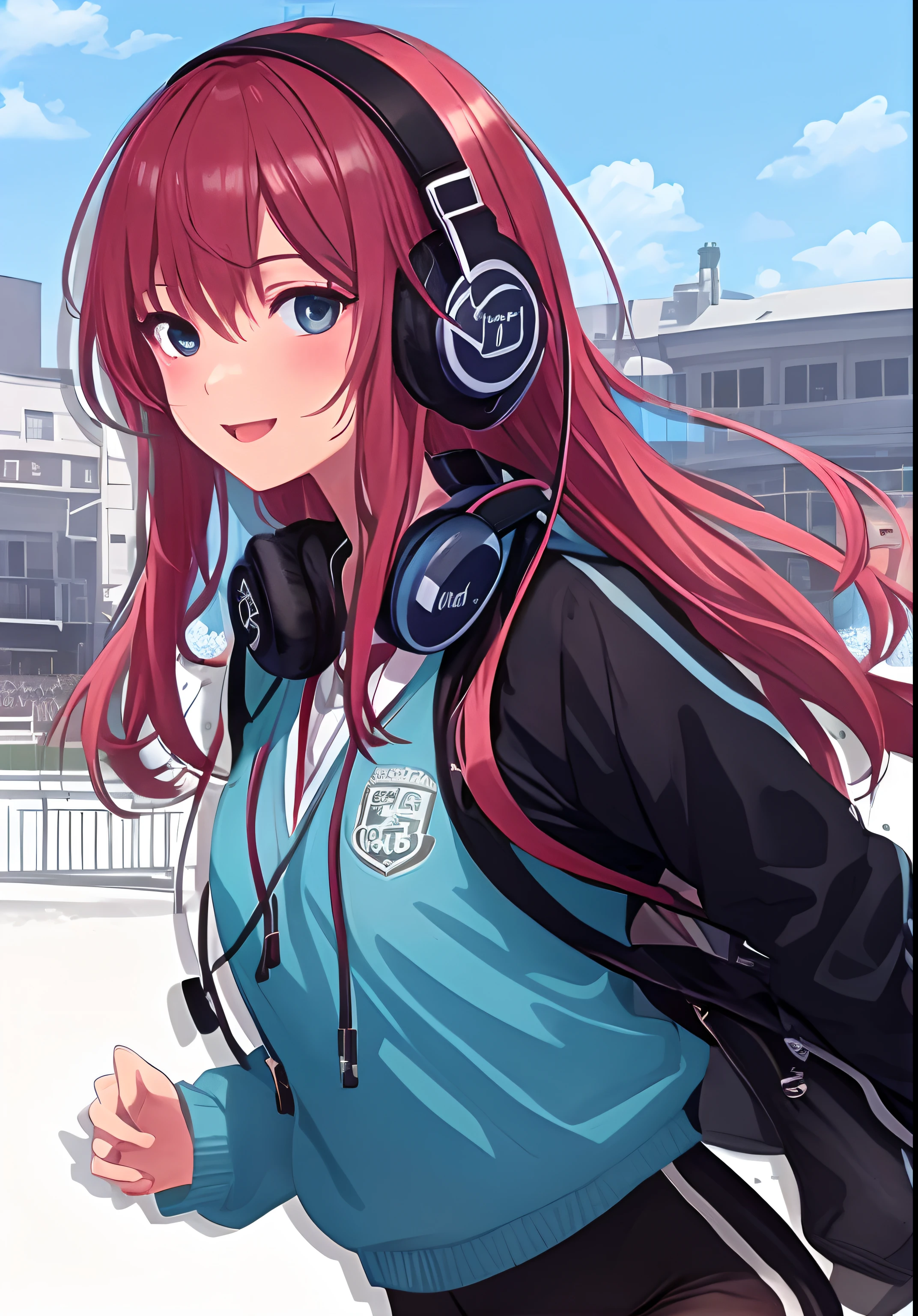 superfine illustration, very detailed beautiful face and eyes, Dynamic Angle, School sports ground, Reflect the upper body, Happy expression, Wrap a lot of headphones around your neck