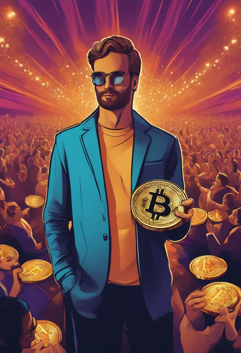 man explaining bitcoin to crowd
