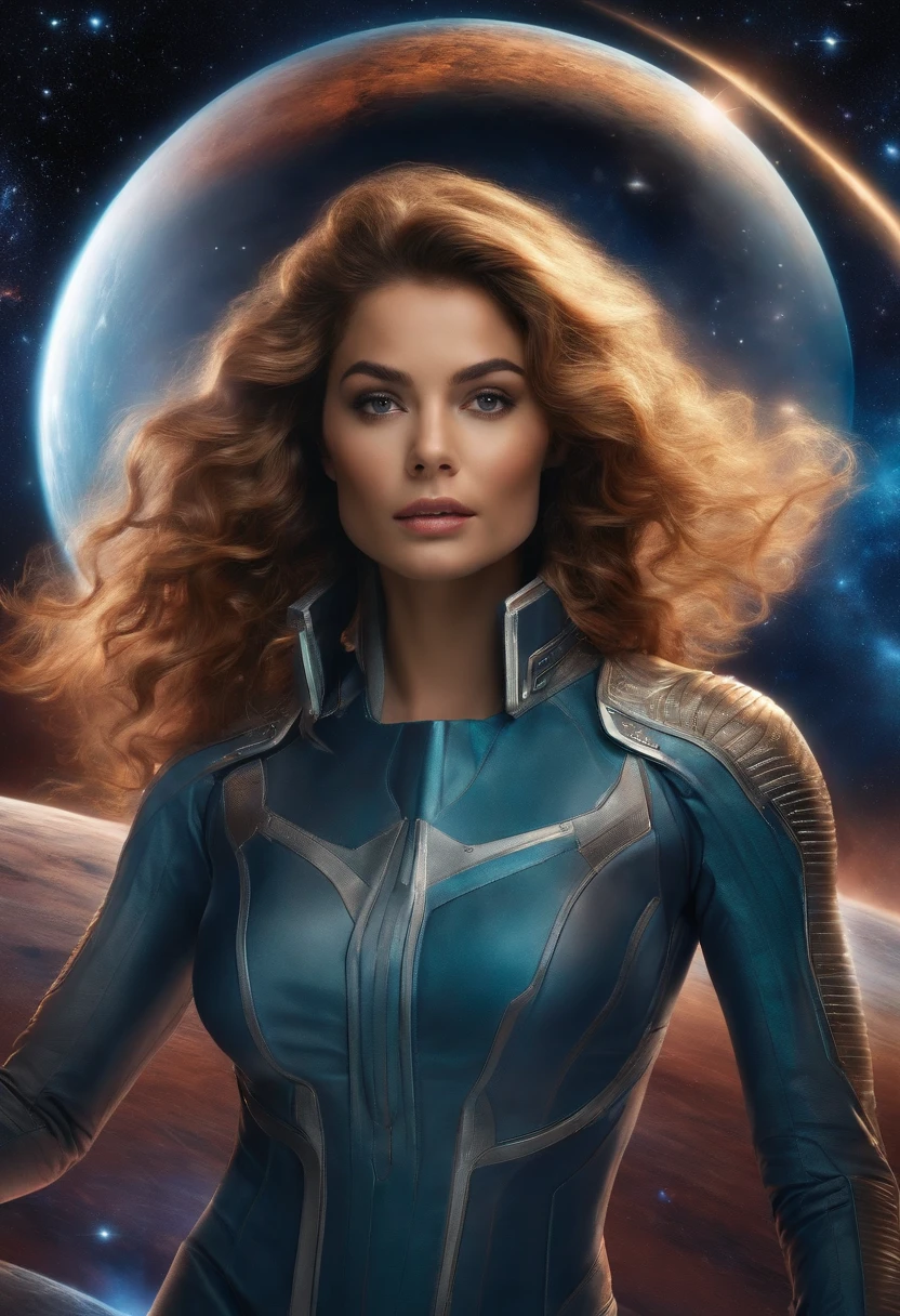 Uma jovem loira sexy com cabelo curto e roupas leves senta-se em um assento em uma nave espacial e a janela pode mostrar belas estrelas e galaxias