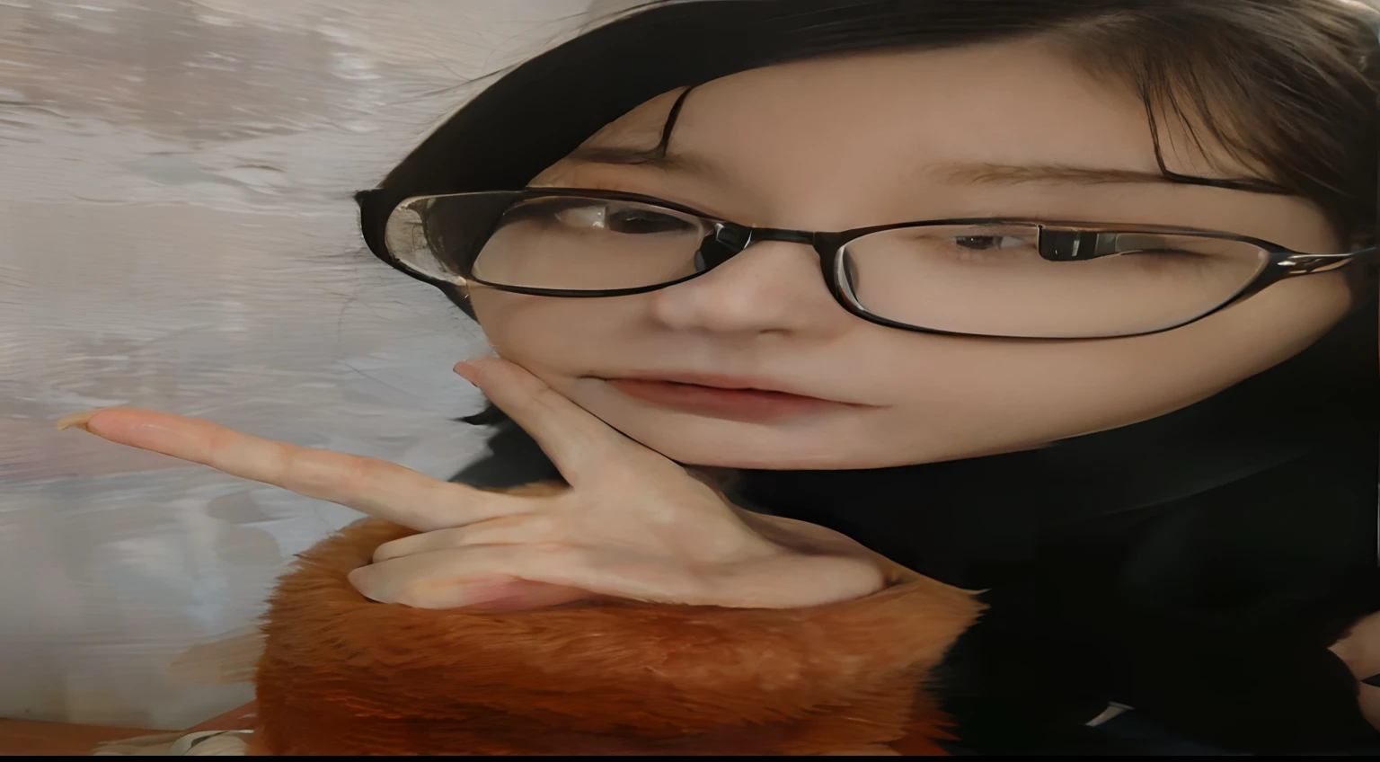 (8K, Raw photo, Best Quality, masutepiece:1.2), (Realistic, Photorealsitic:1.4), (Highly detailed CG Unity 8K wallpaper), (1 girl:1.5), (Realistic hands), (detail hands), (detail finger), (In the window of the hotel building on the 20th floor), Japan Beauty, (Light blue clothes: 1.4), Red spots on the forehead, pale skin, blush, Big eyes, Half body, potrait, Nice Pose, Light blue kimono, The kimono is fluttering、Girl with exposed chest and shoulders, Omijoji, Kagura,Bob Hair、Small、round rimless glasses