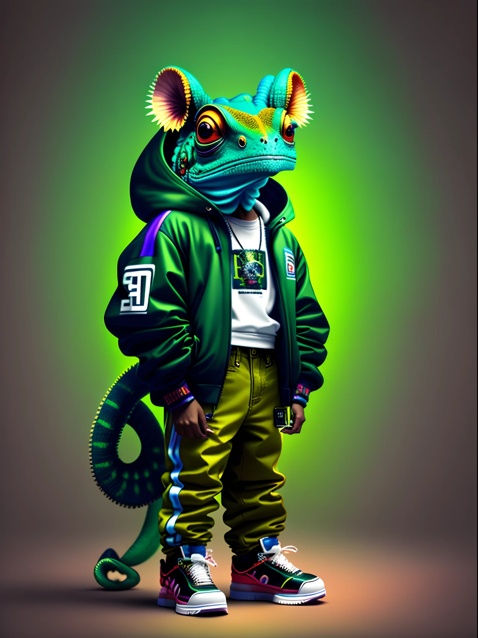 Image of a chameleon standing, wearing hip-hop style clothes, speakers, 90s style